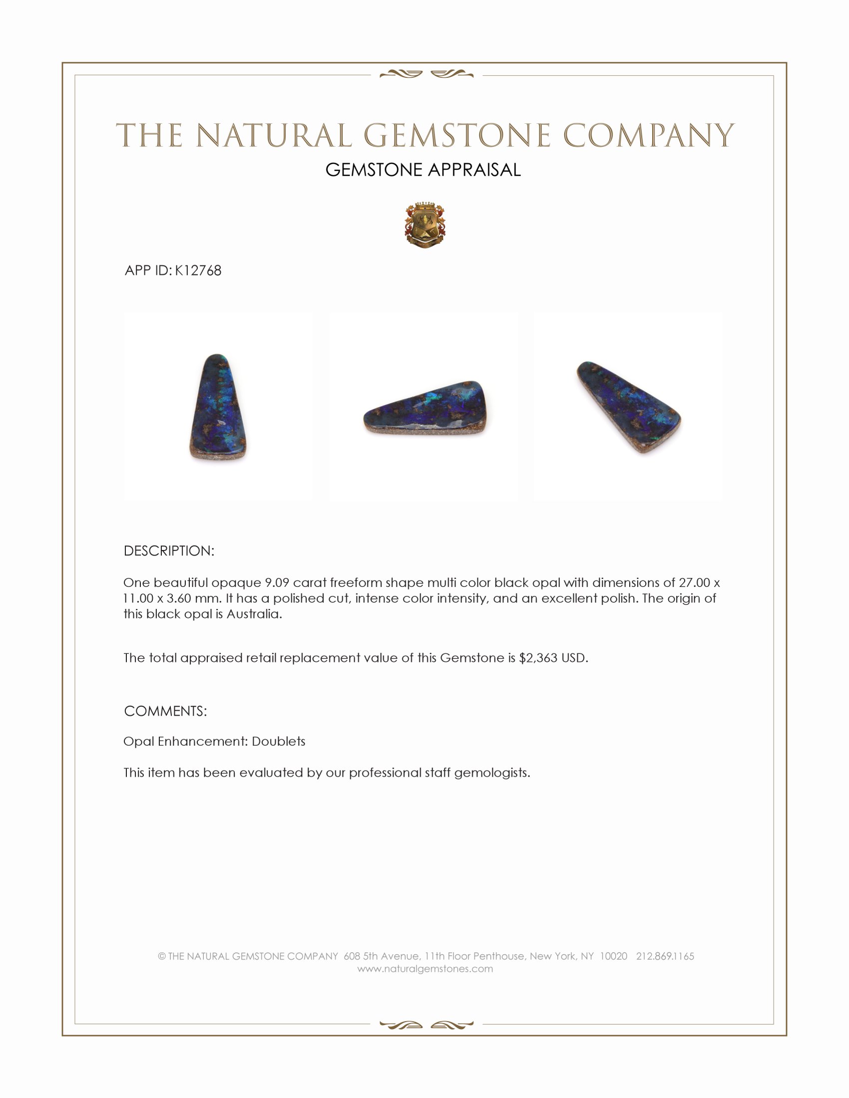 9.09 Ct. Multi Color Black Opal from Australia