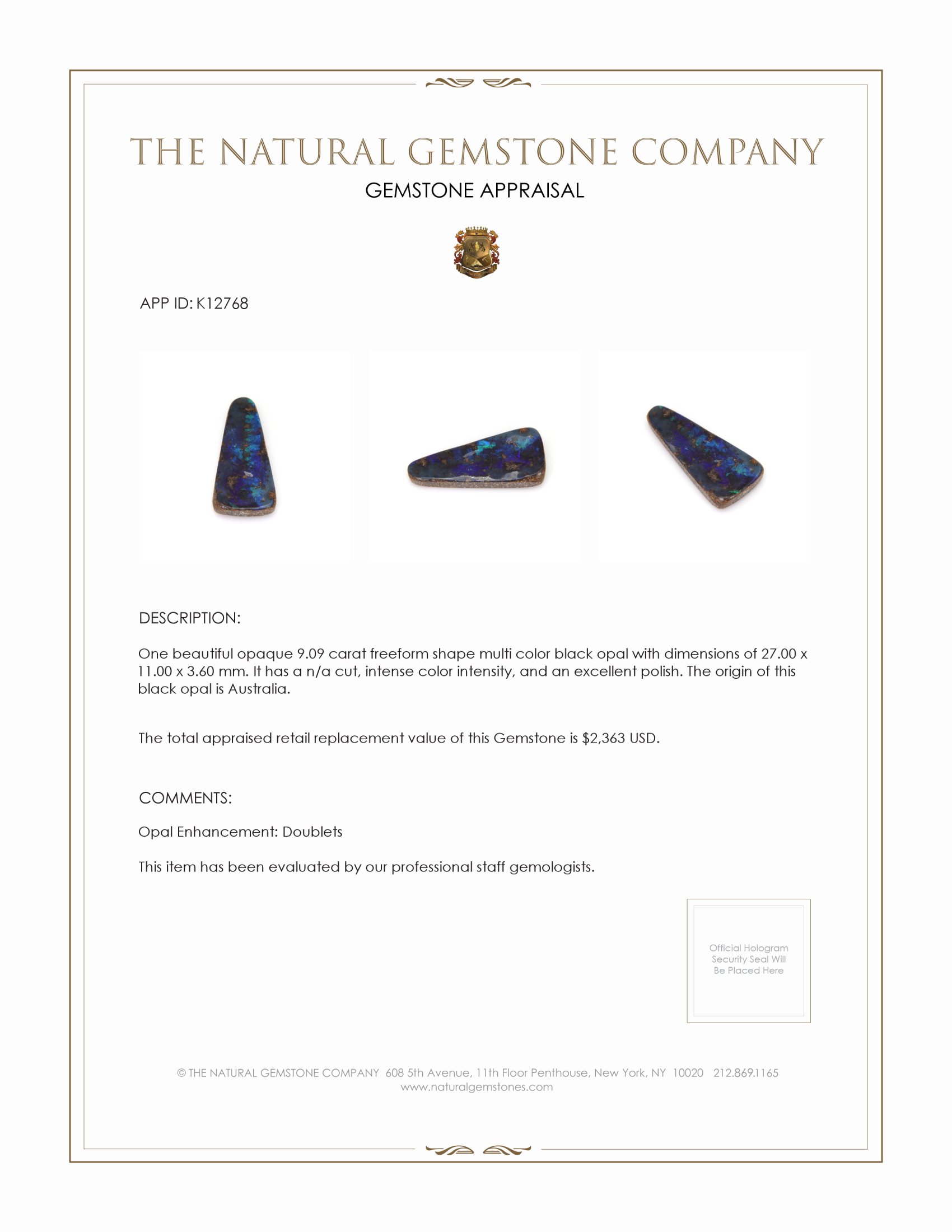 9.09 Ct. Black Opal from Australia