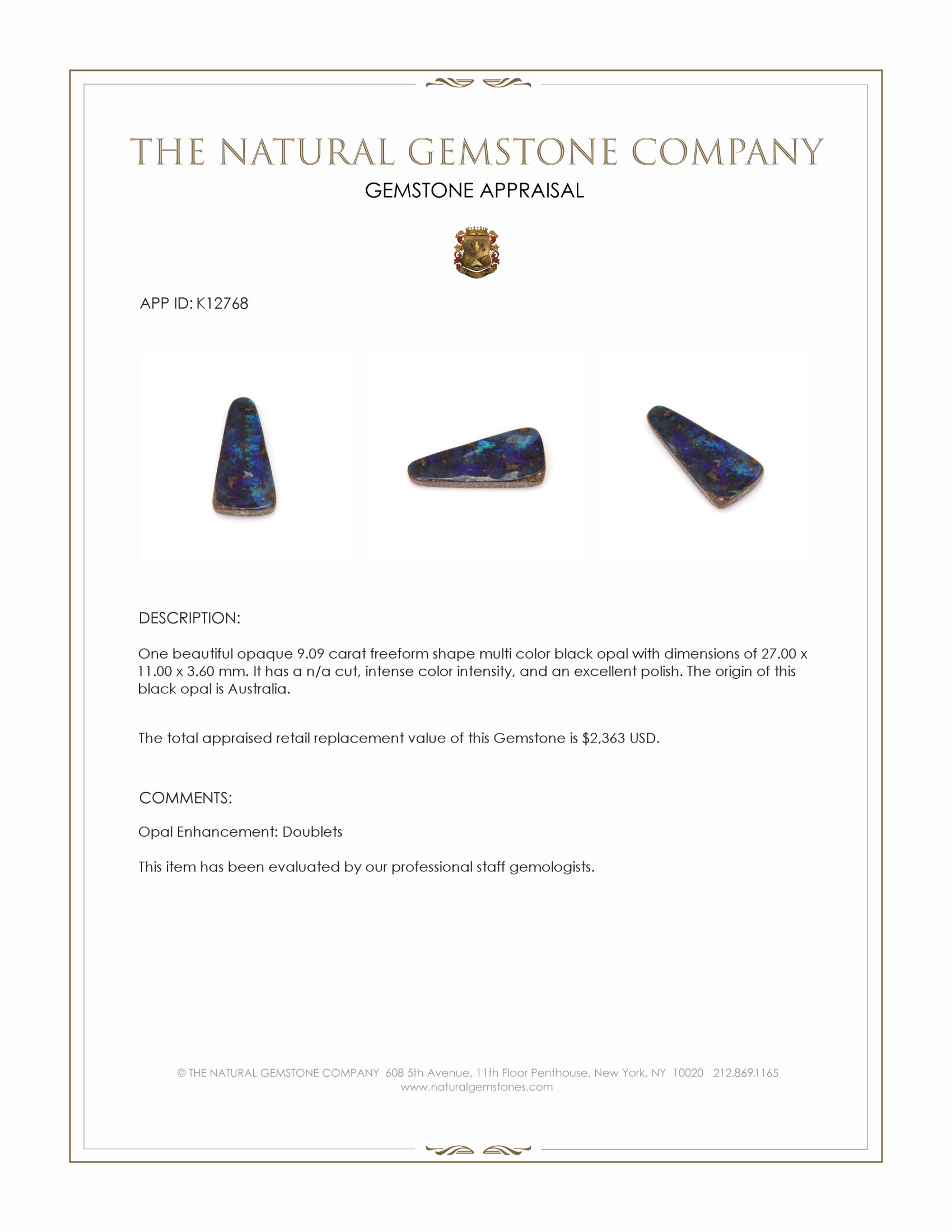 9.09 Ct. Multi Color Black Opal from Australia