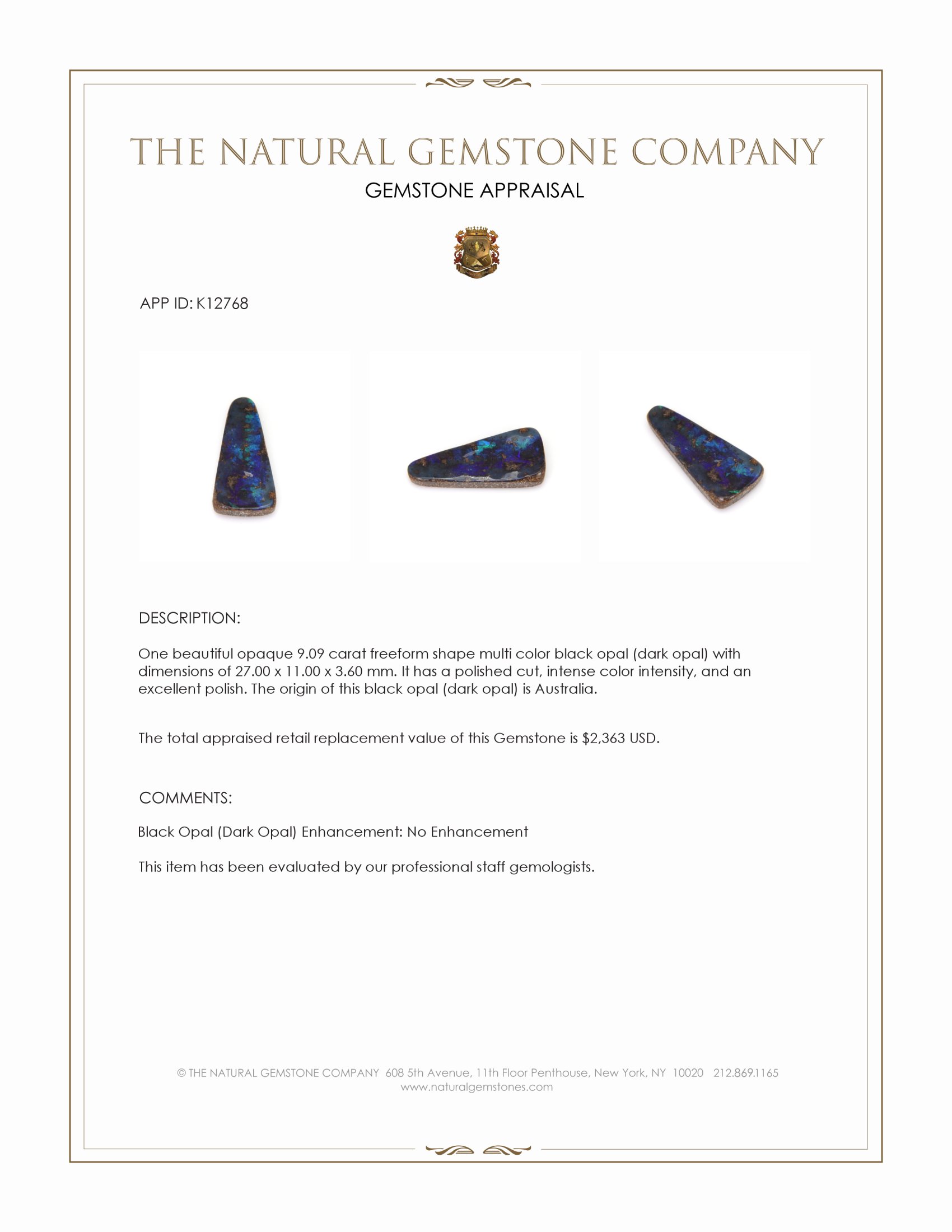 9.09 Ct. Multi Color Black Opal (Dark Opal) from Australia
