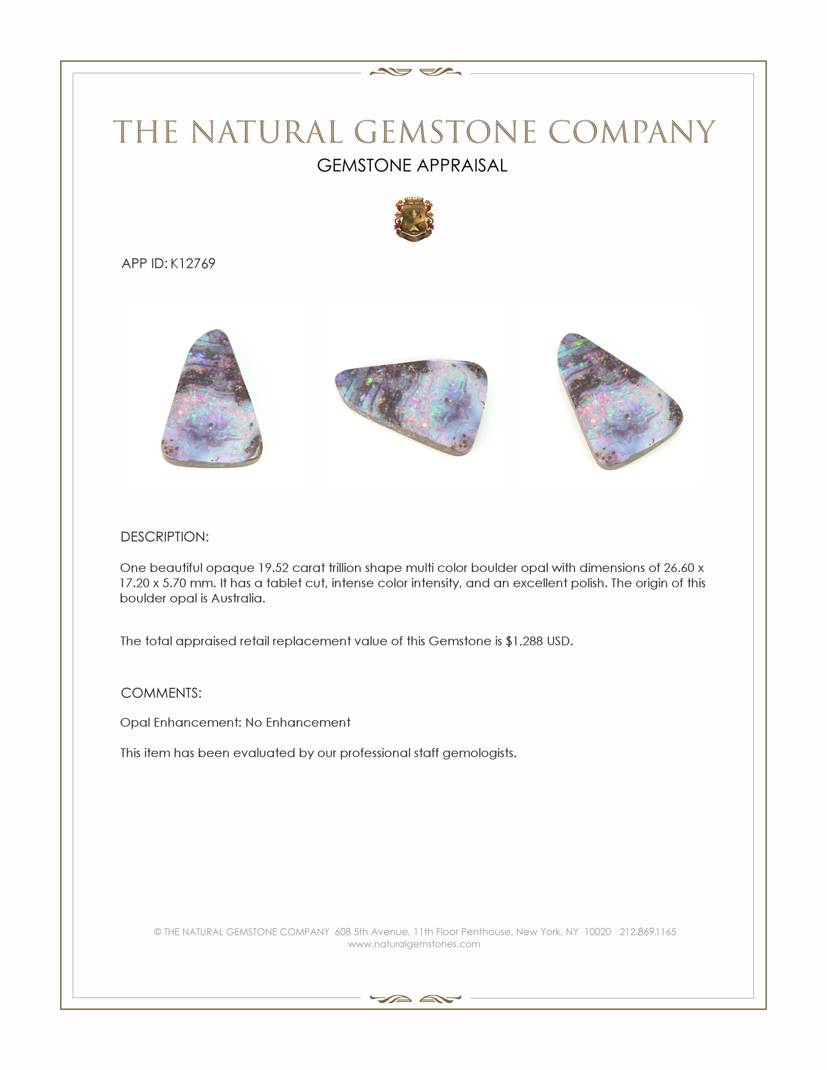 19.52 Ct. Multi Color Boulder Opal from Australia