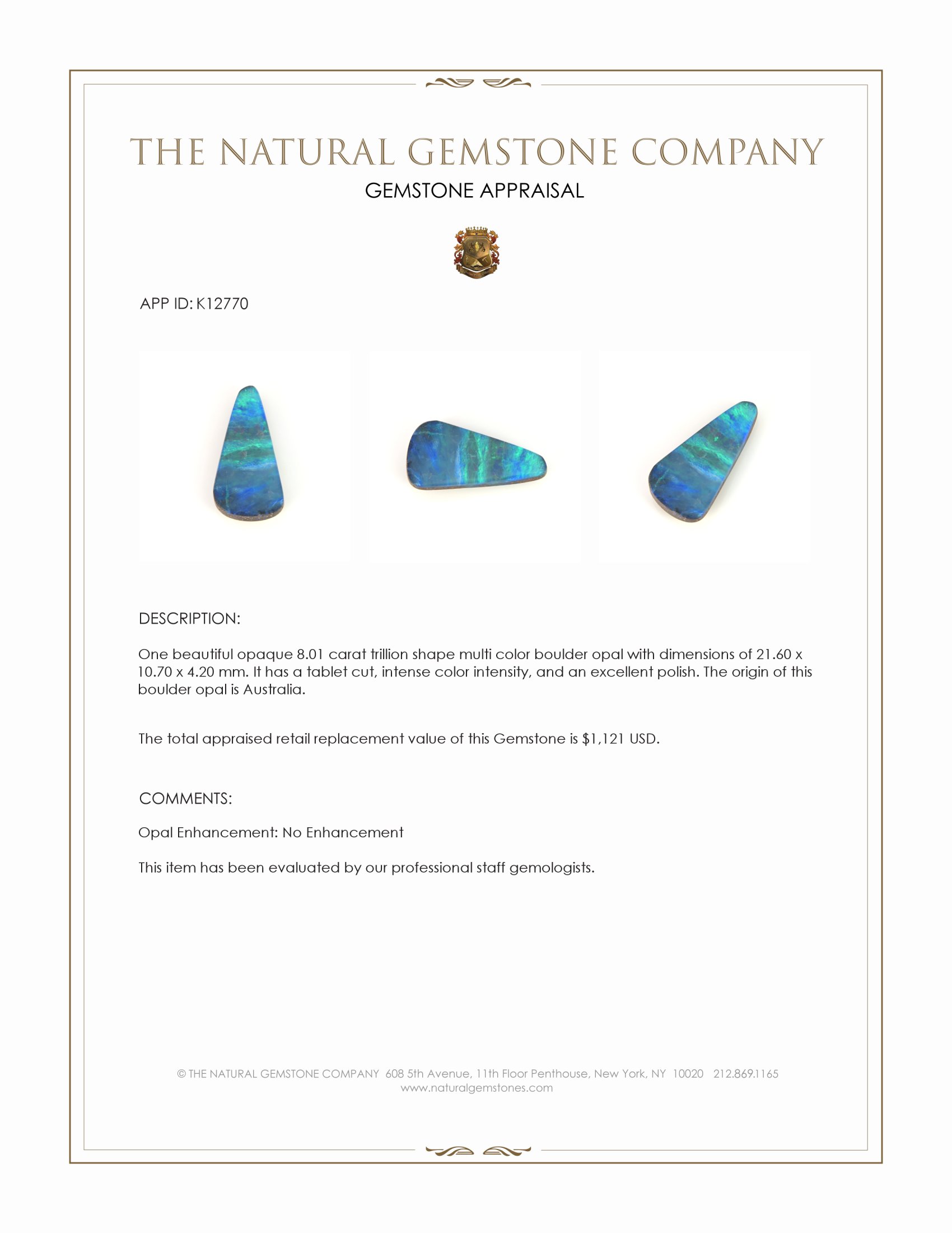 8.01 Ct. Multi Color Boulder Opal from Australia