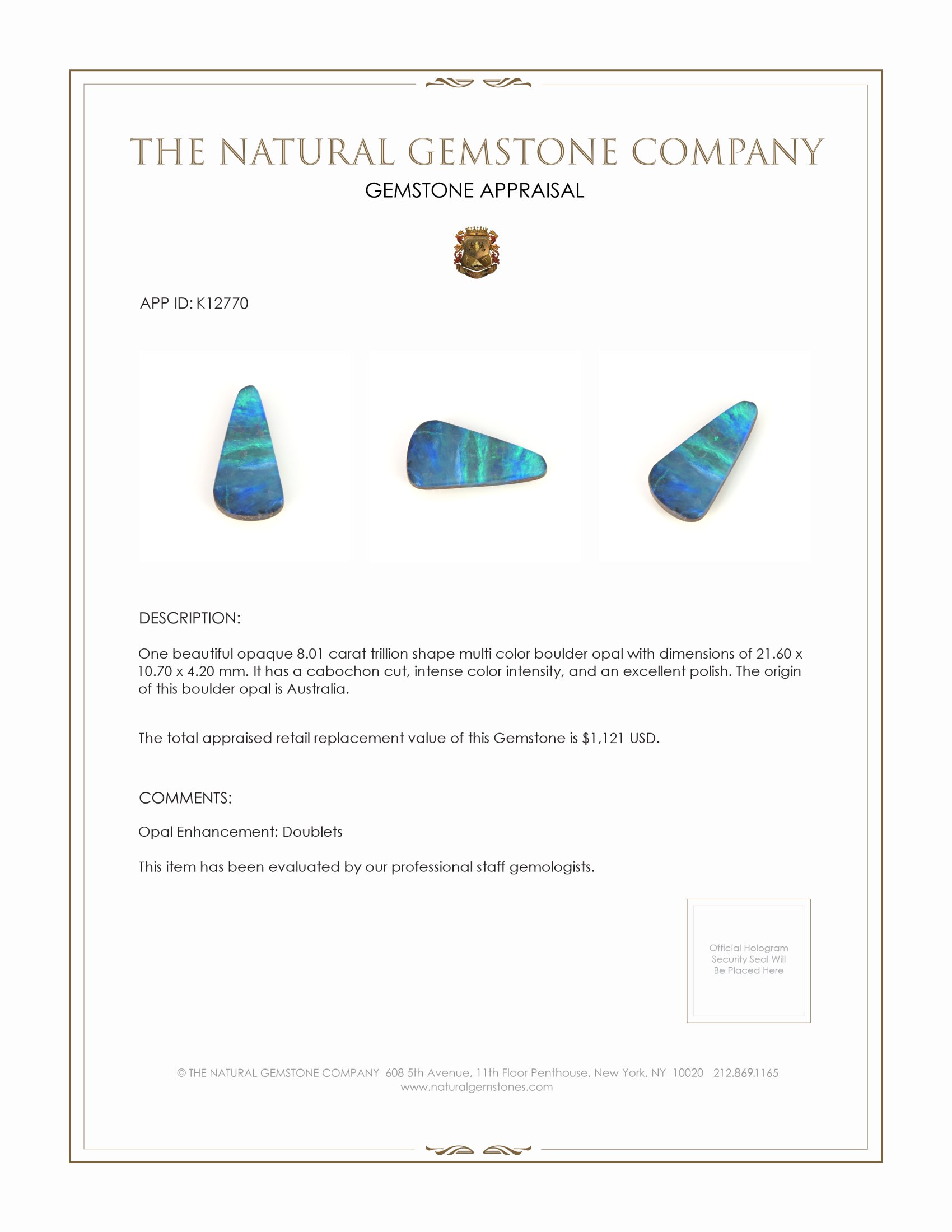 8.01 Ct. Boulder Opal from Australia