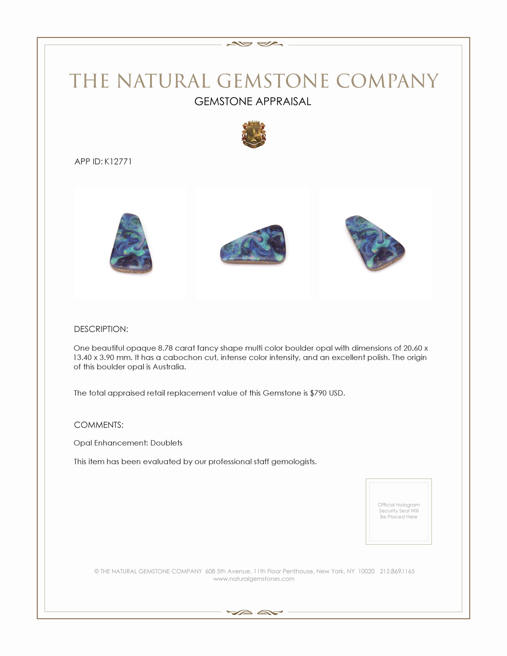 8.78 Ct. Cabochon Boulder Opal from Australia