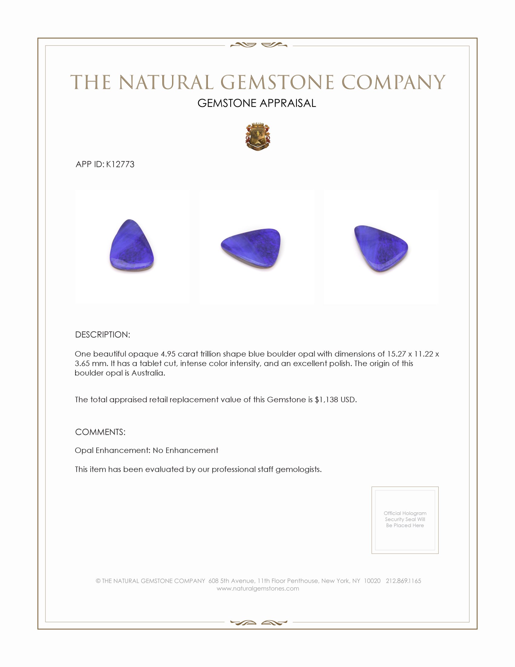 4.95 Ct. Blue Boulder Opal from Australia