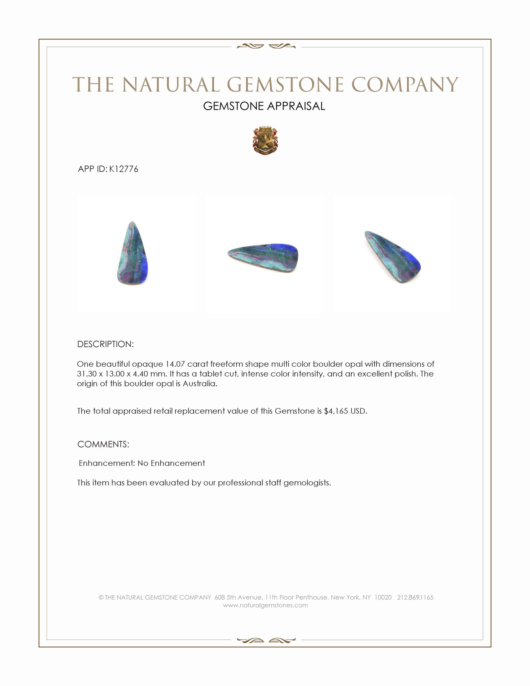 14.07 Ct. Multi Color Boulder Opal from Australia