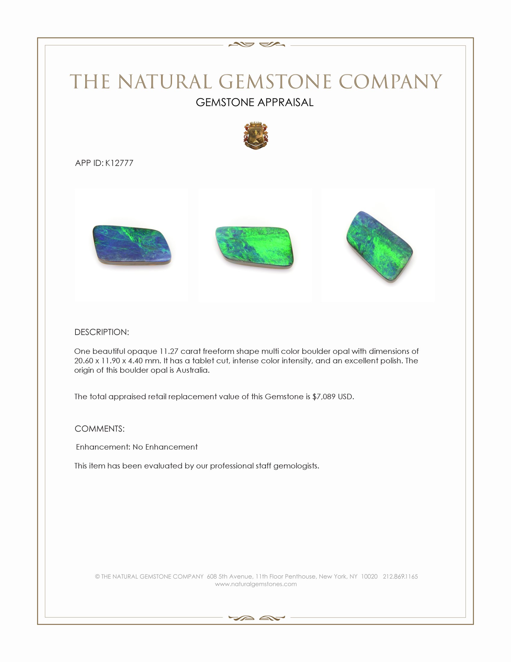 11.27 Ct. Multi Color Boulder Opal from Australia