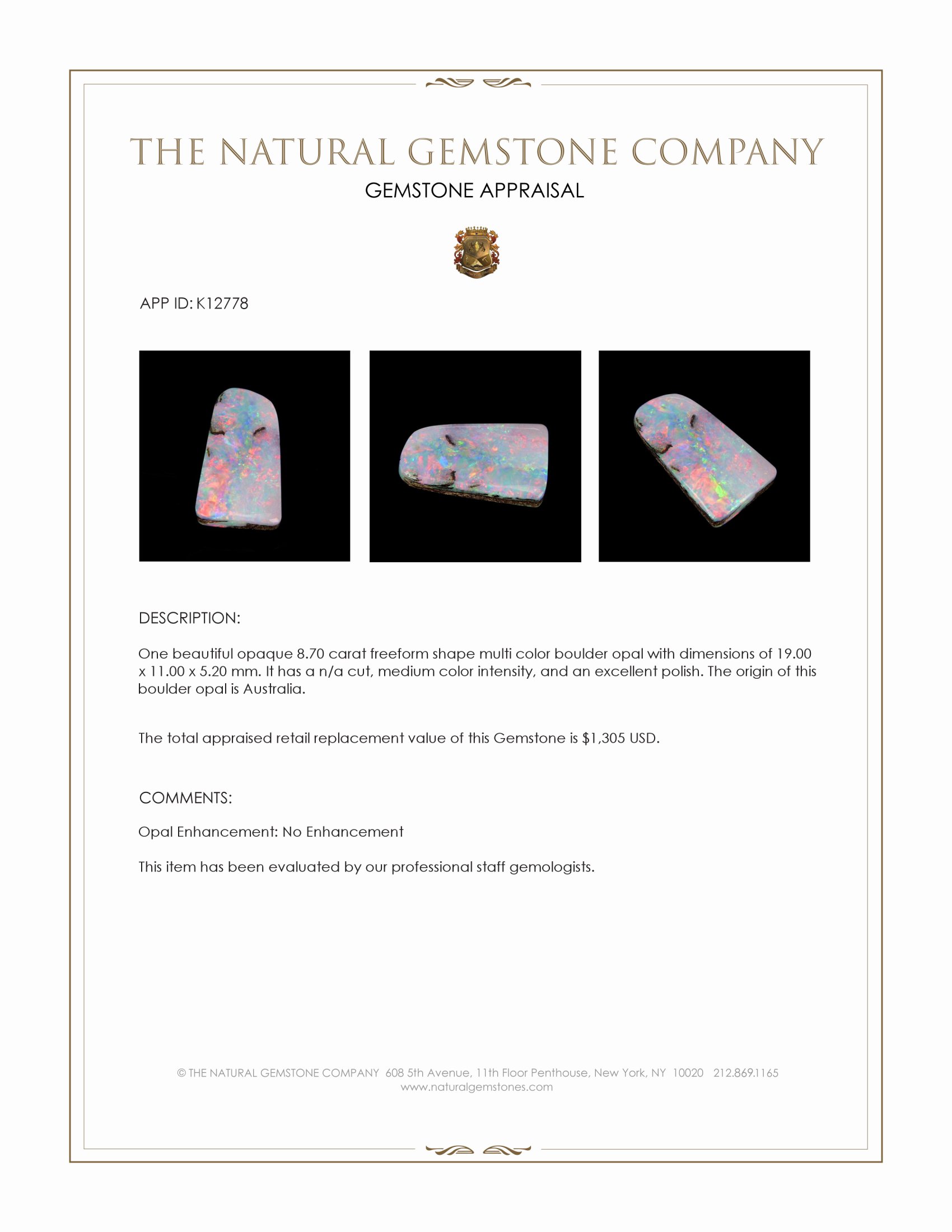 8.70 Ct. Multi Color Boulder Opal from Australia