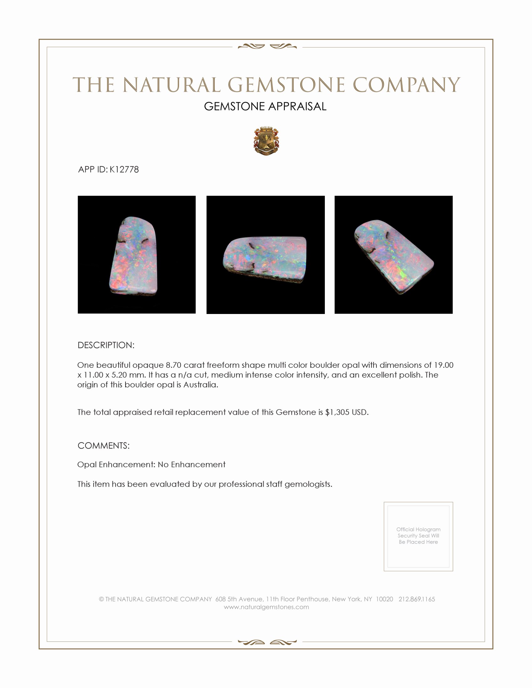 8.70 Ct. Boulder Opal from Australia