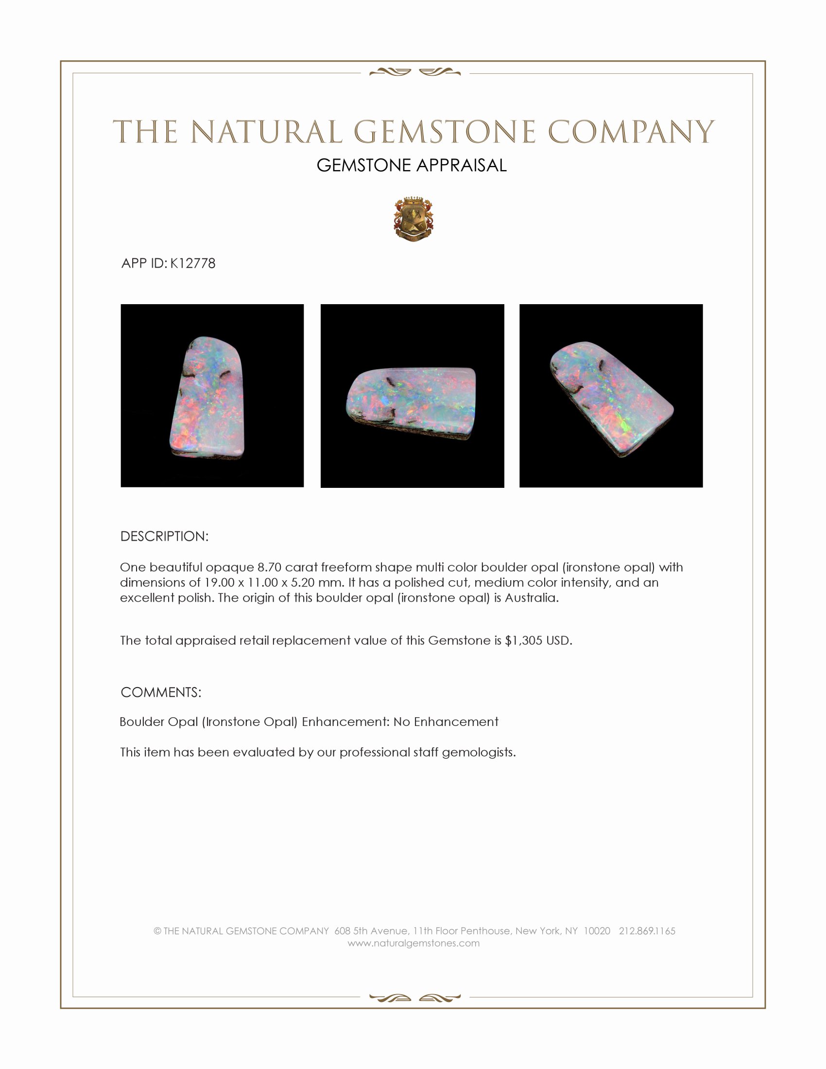 8.70 Ct. Multi Color Boulder Opal (Ironstone Opal) from Australia