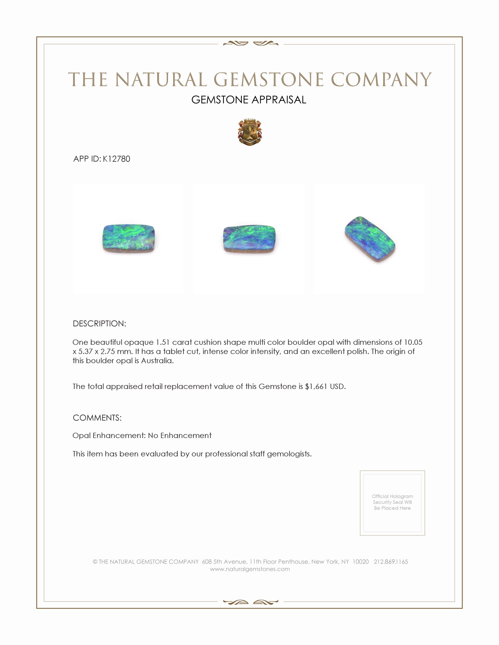 1.51 Ct. Boulder Opal from Australia