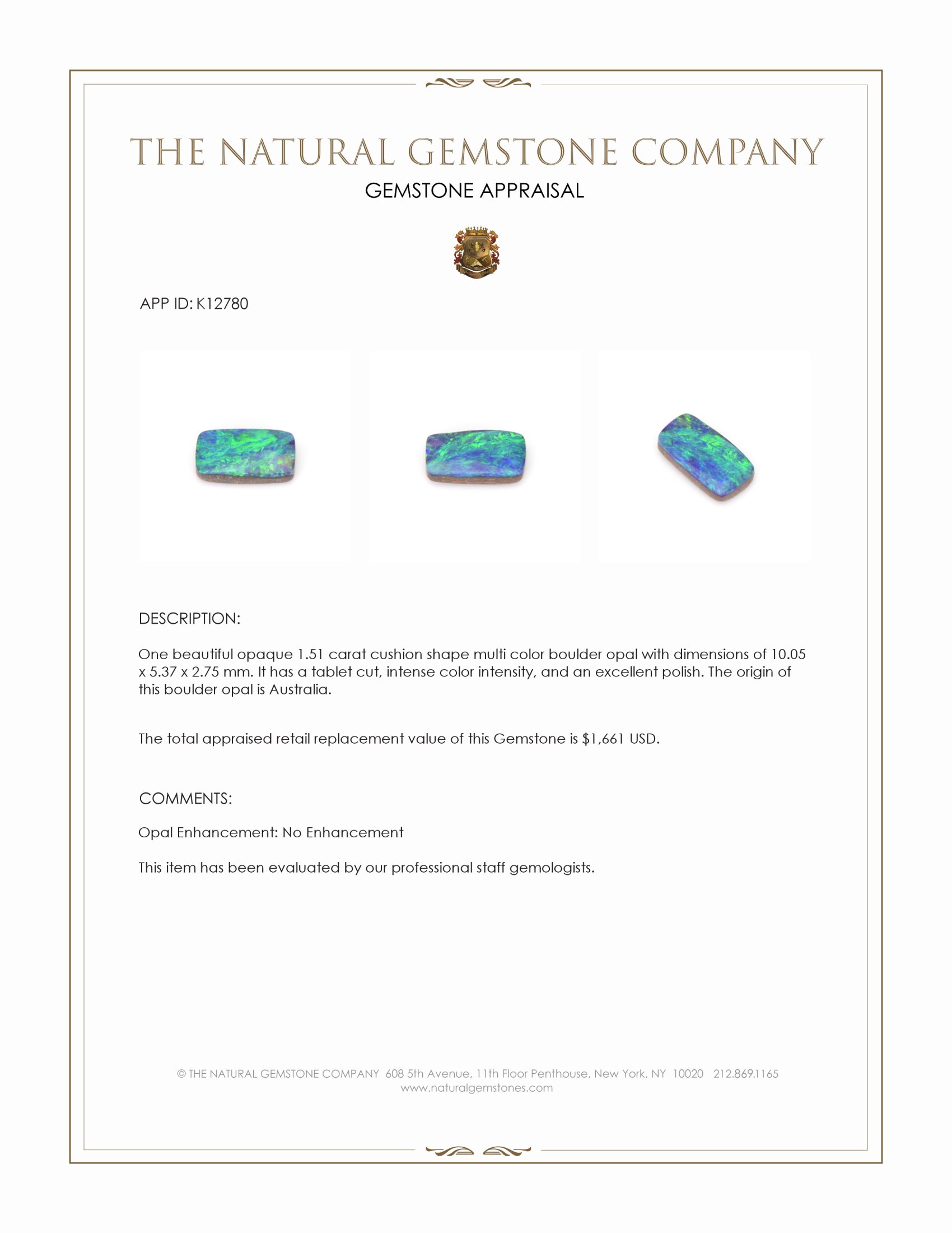 1.51 Ct. Multi Color Boulder Opal from Australia