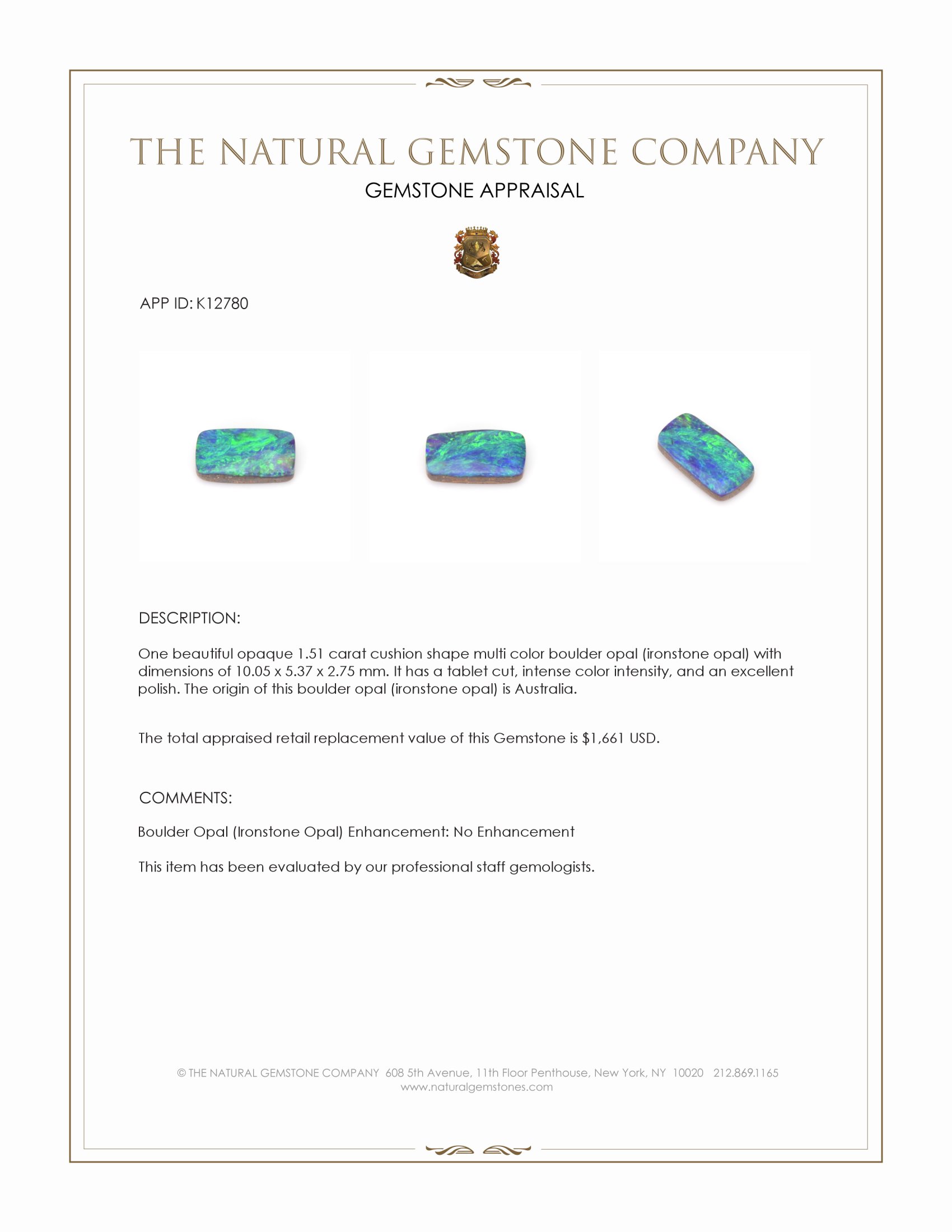 1.51 Ct. Multi Color Boulder Opal (Ironstone Opal) from Australia