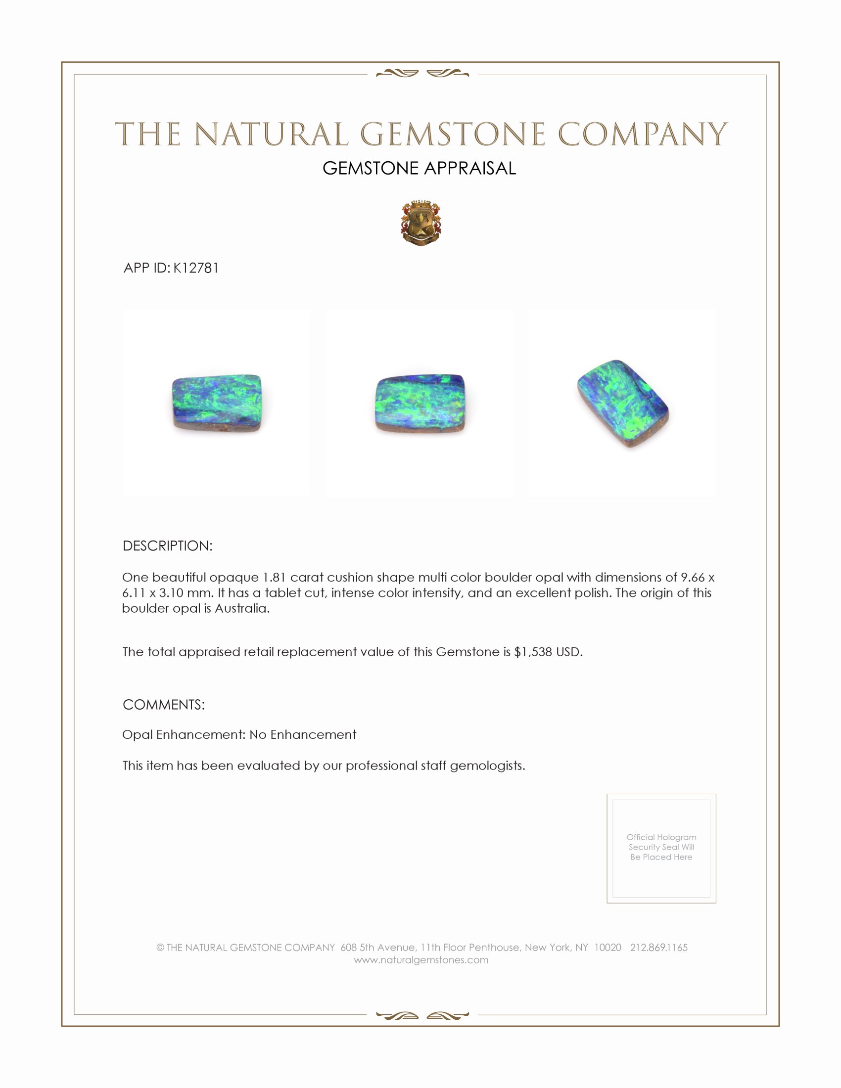 1.81 Ct. Boulder Opal from Australia