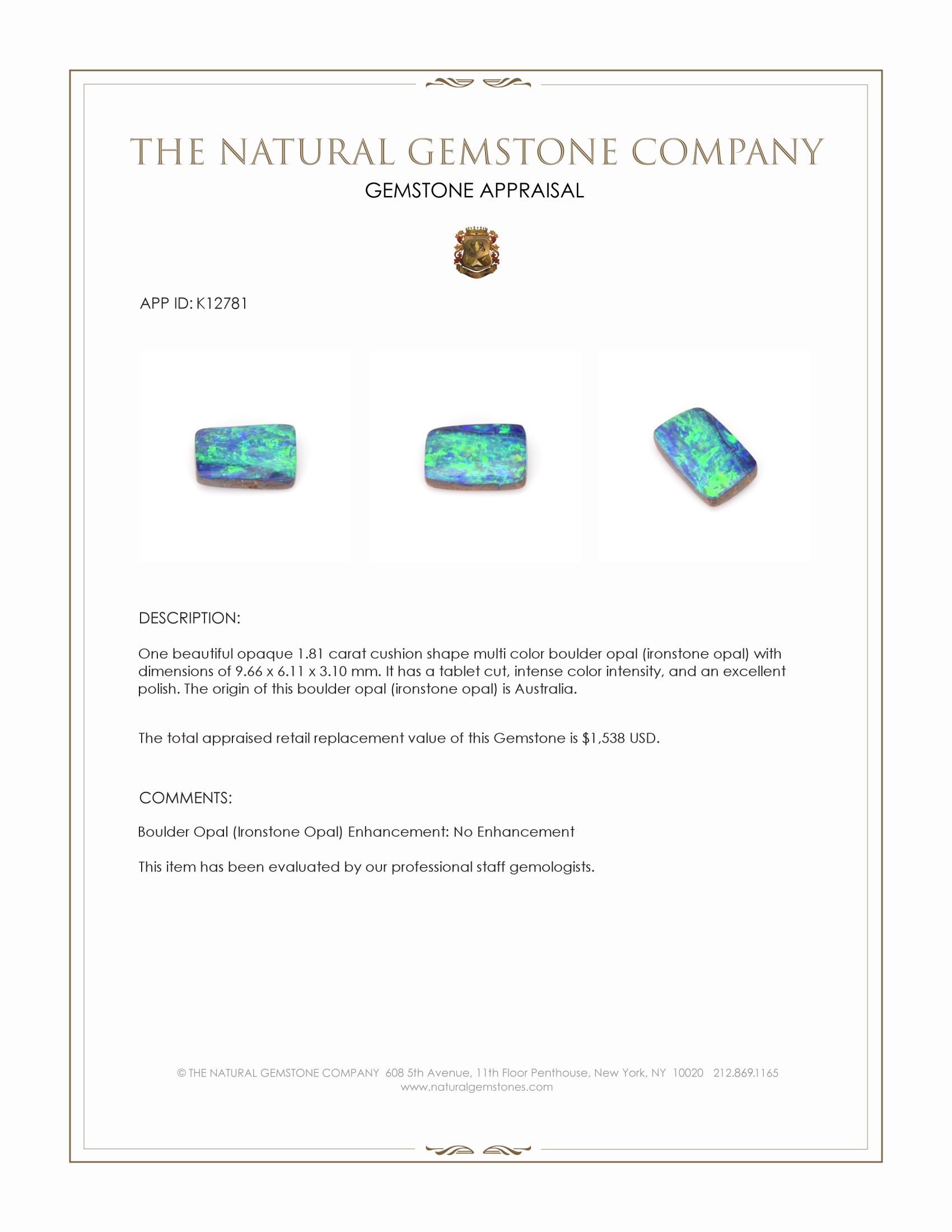1.81 Ct. Multi Color Boulder Opal (Ironstone Opal) from Australia
