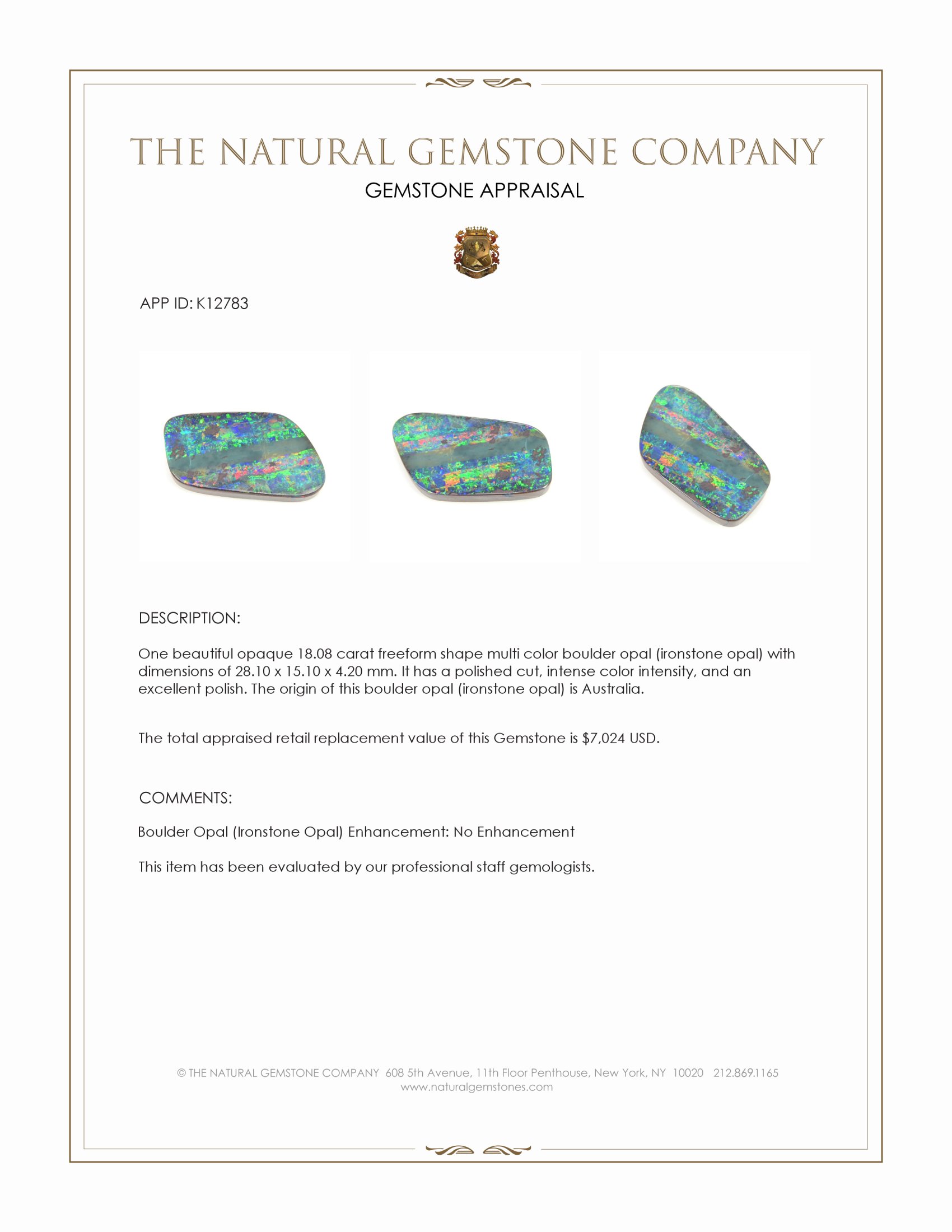 18.08 Ct. Multi Color Boulder Opal (Ironstone Opal) from Australia