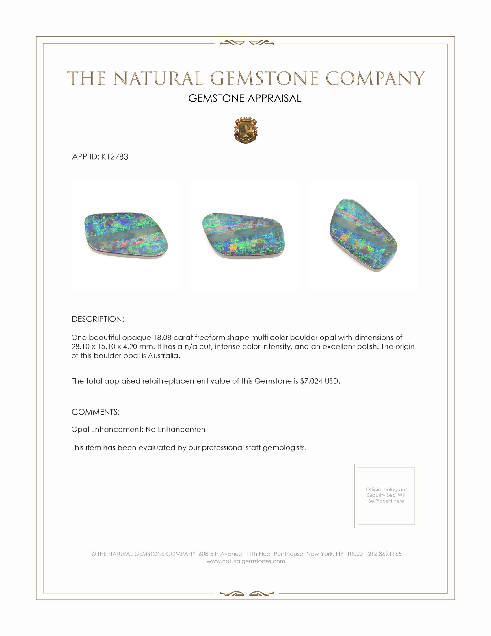 18.08 Ct. Boulder Opal from Australia