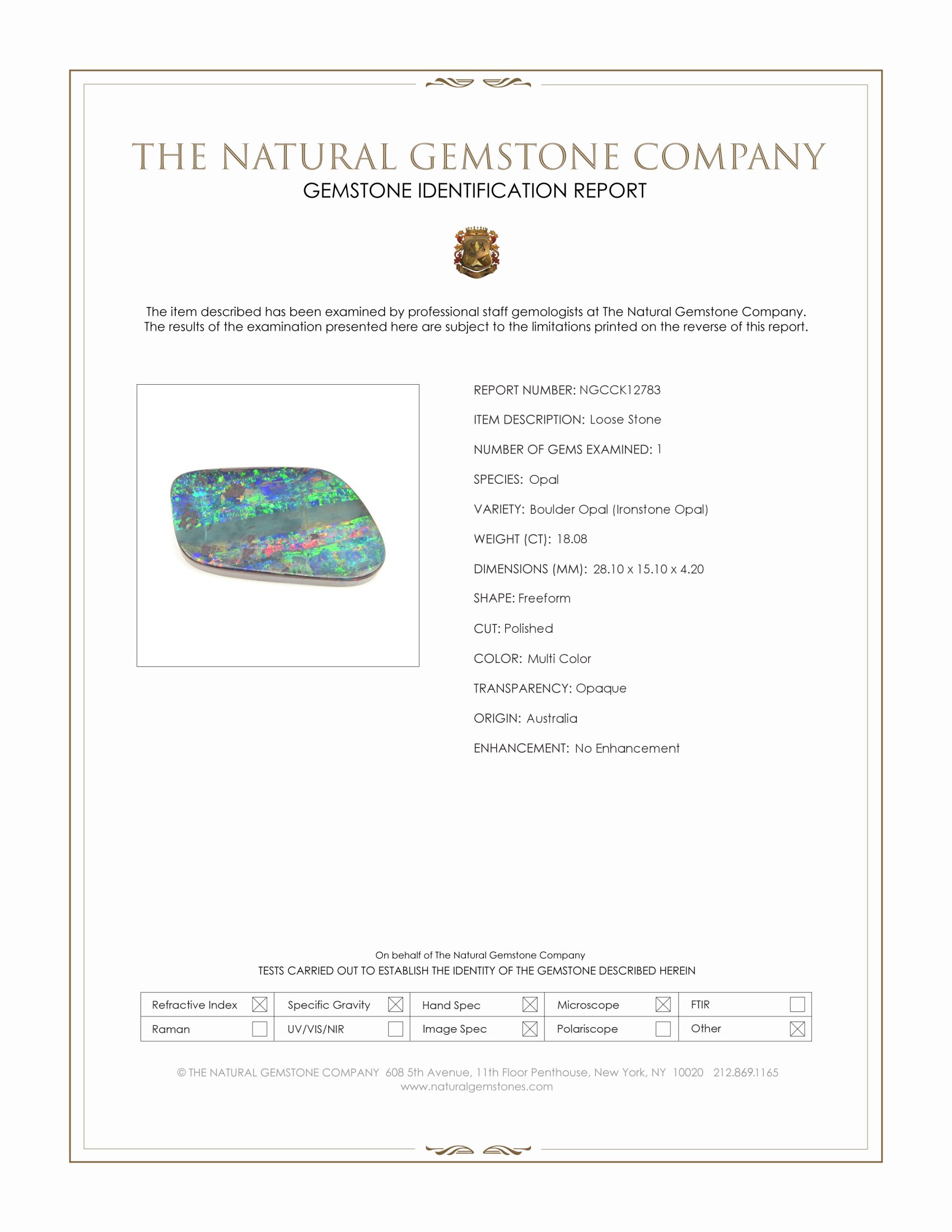 18.08 Ct. Multi Color Boulder Opal (Ironstone Opal) from Australia
