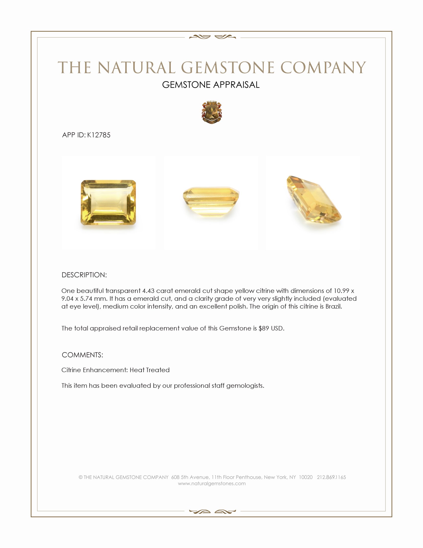 4.43 Ct. Yellow Citrine from Brazil