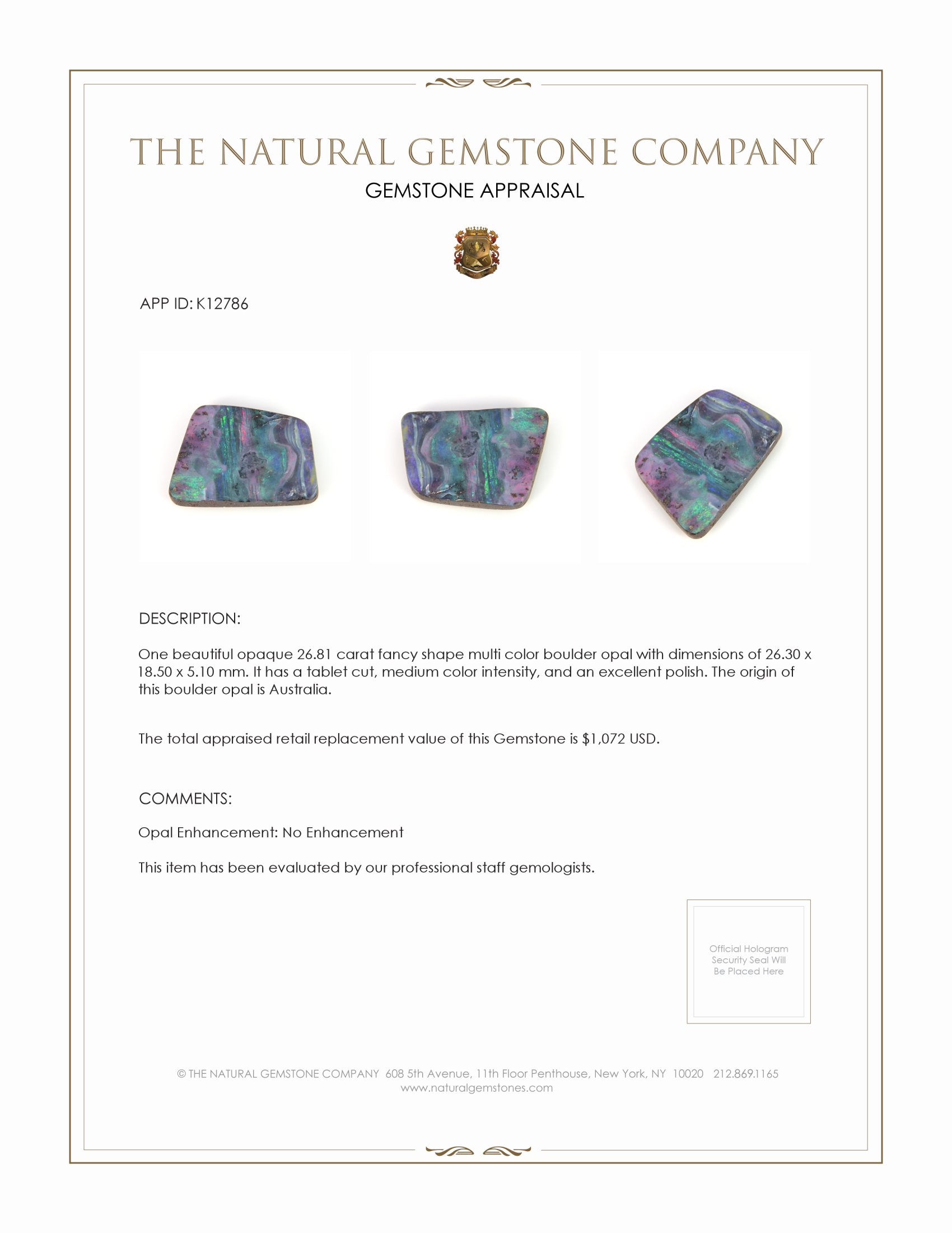 26.81 Ct. Multi Color Boulder Opal from Australia