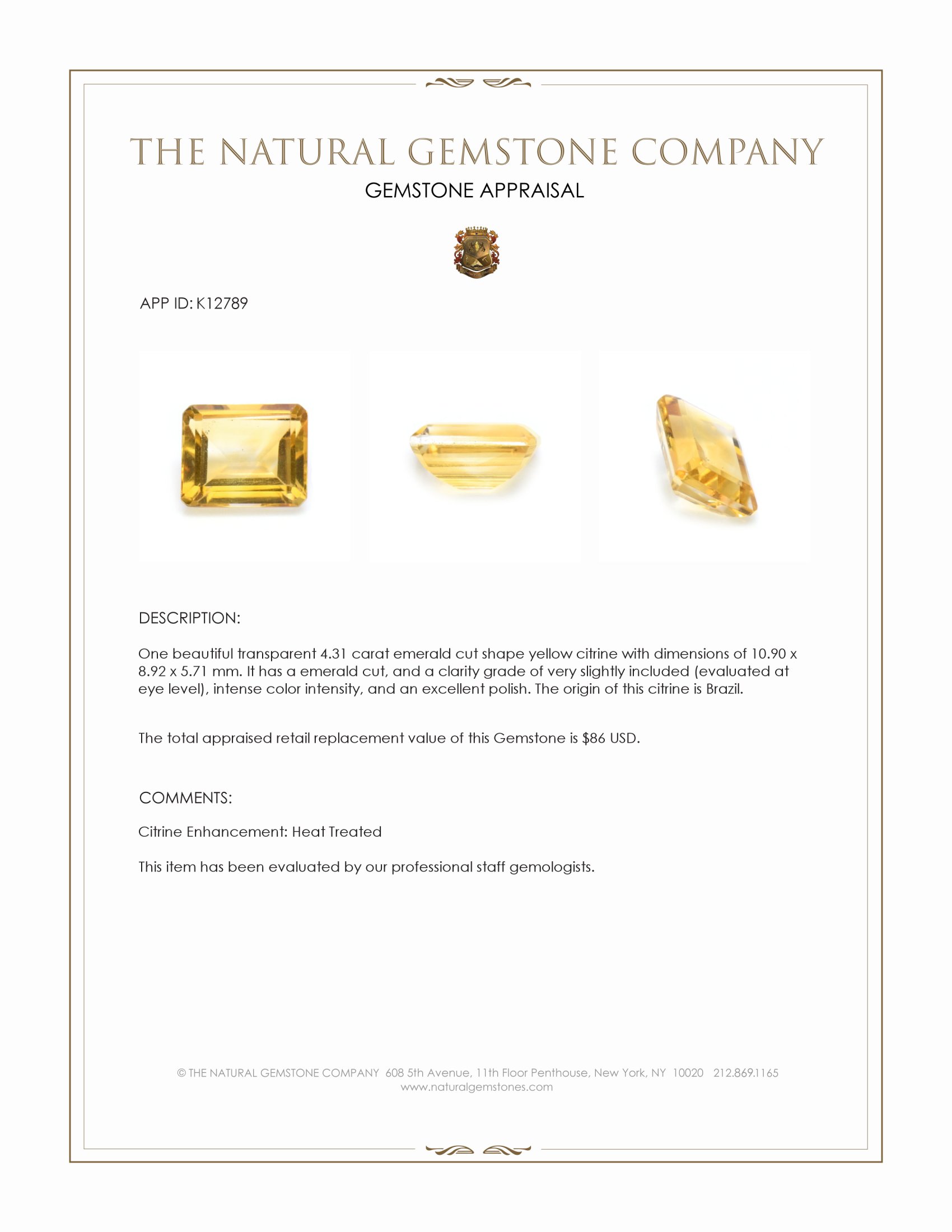 4.31 Ct. Yellow Citrine from Brazil