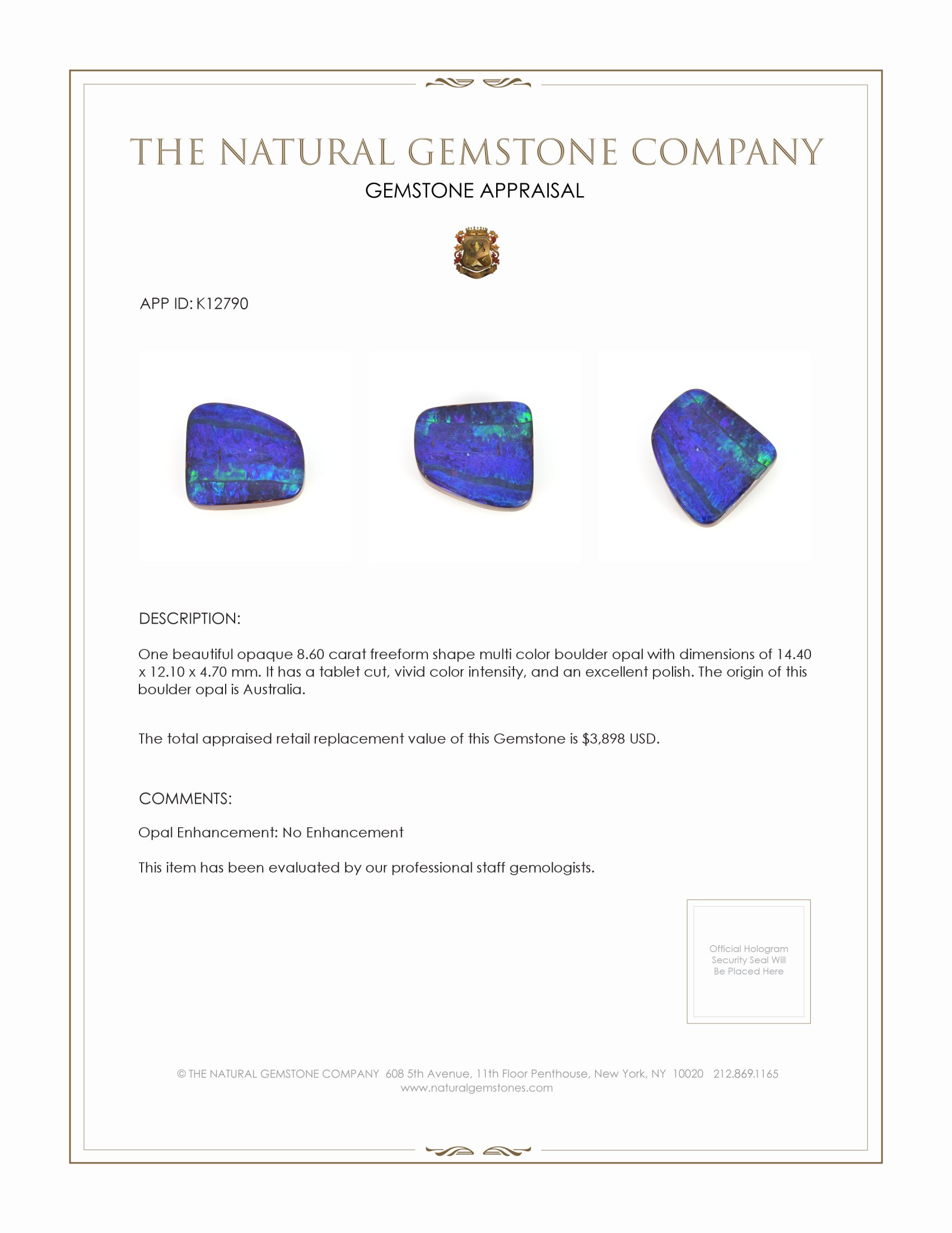 8.60 Ct. Boulder Opal from Australia