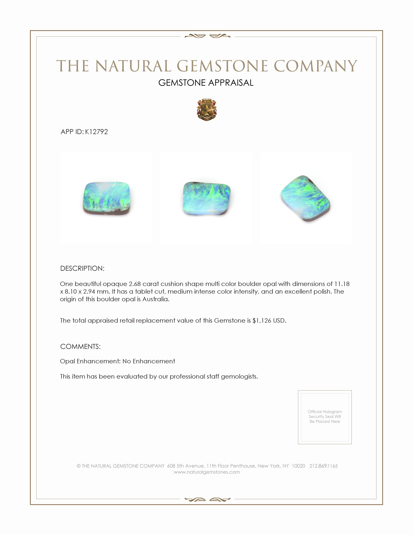 2.68 Ct. Multi Color Boulder Opal from Australia