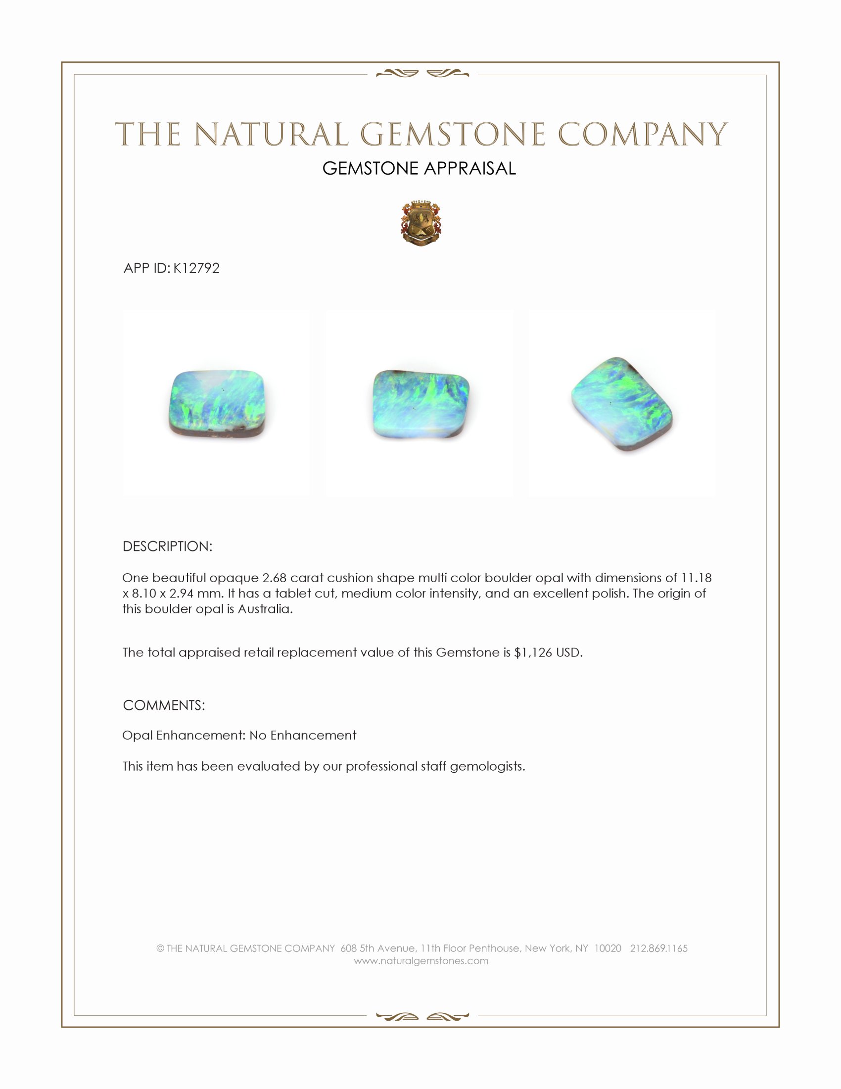 2.68 Ct. Boulder Opal from Australia