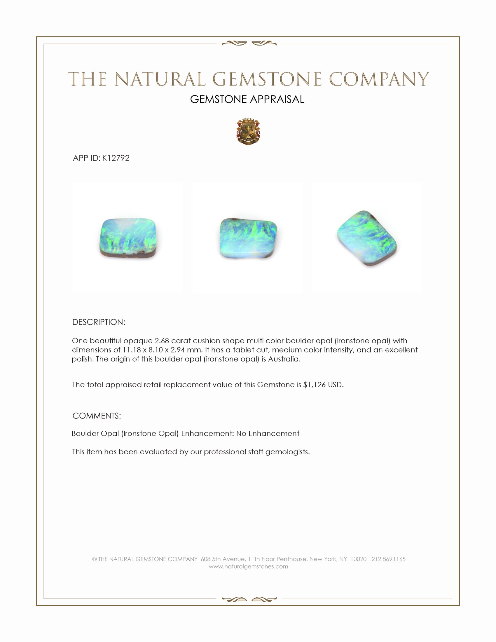 2.68 Ct. Multi Color Boulder Opal (Ironstone Opal) from Australia