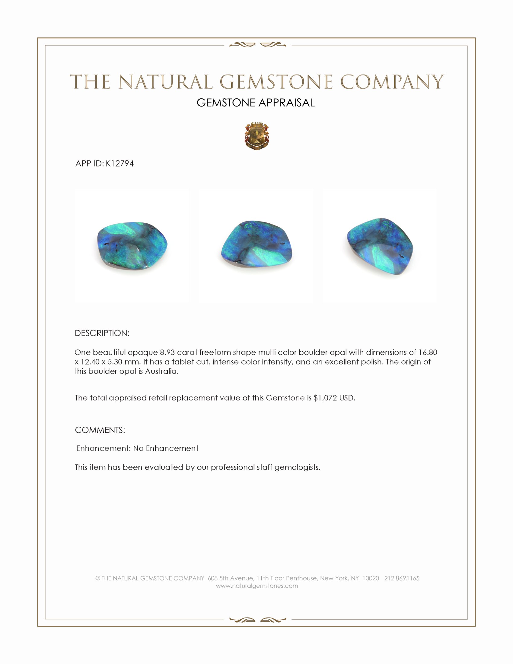 8.93 Ct. Multi Color Boulder Opal from Australia