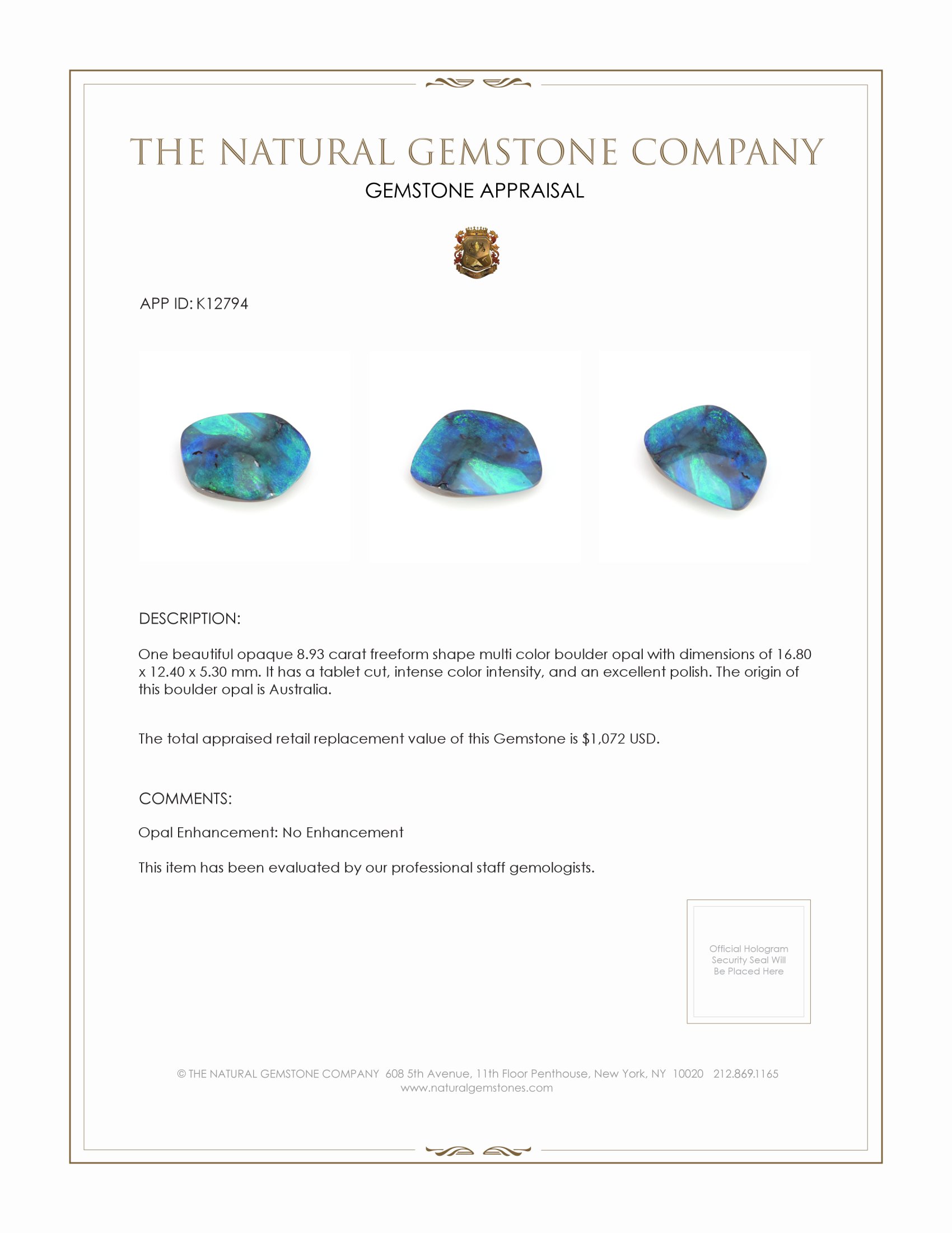 8.93 Ct. Boulder Opal from Australia