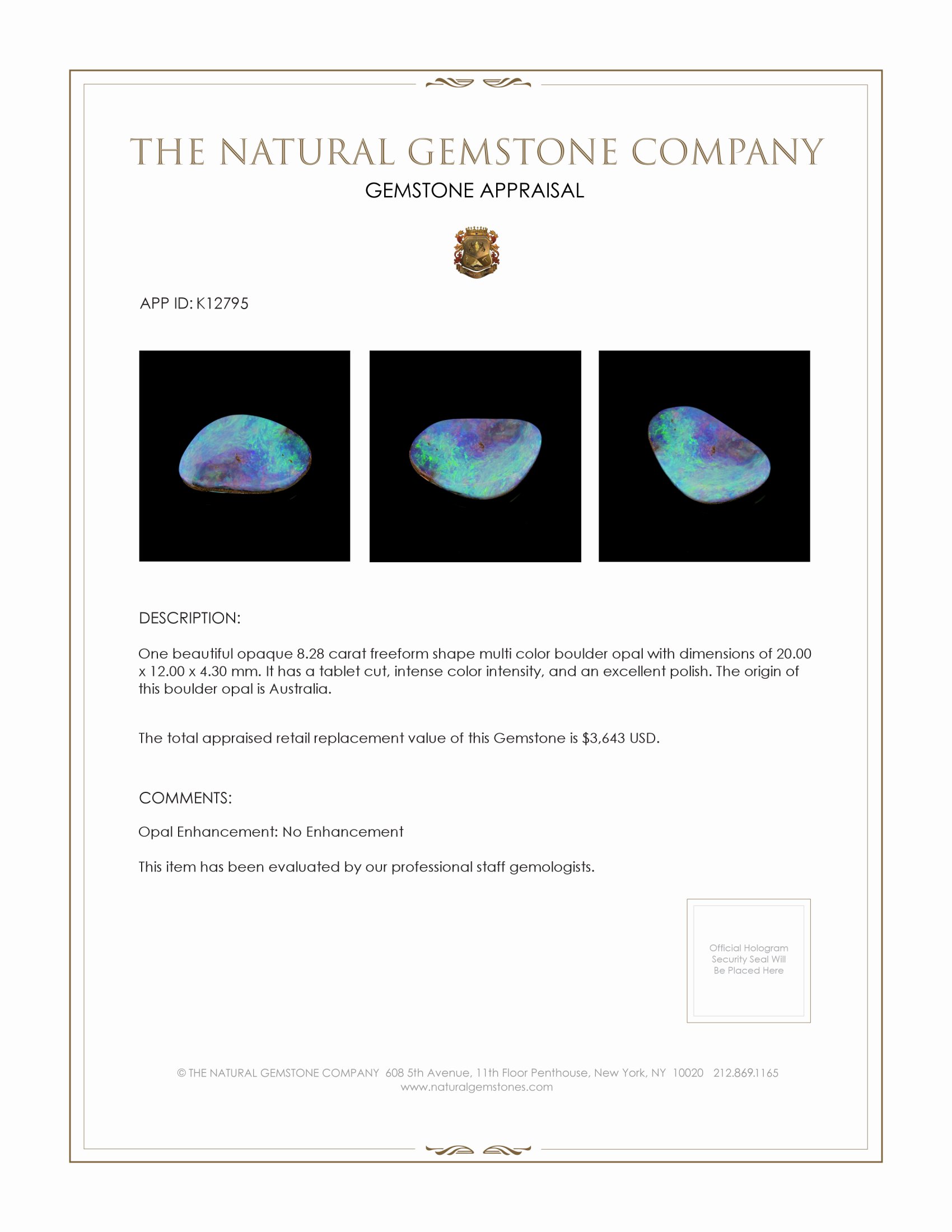 8.28 Ct. Boulder Opal from Australia