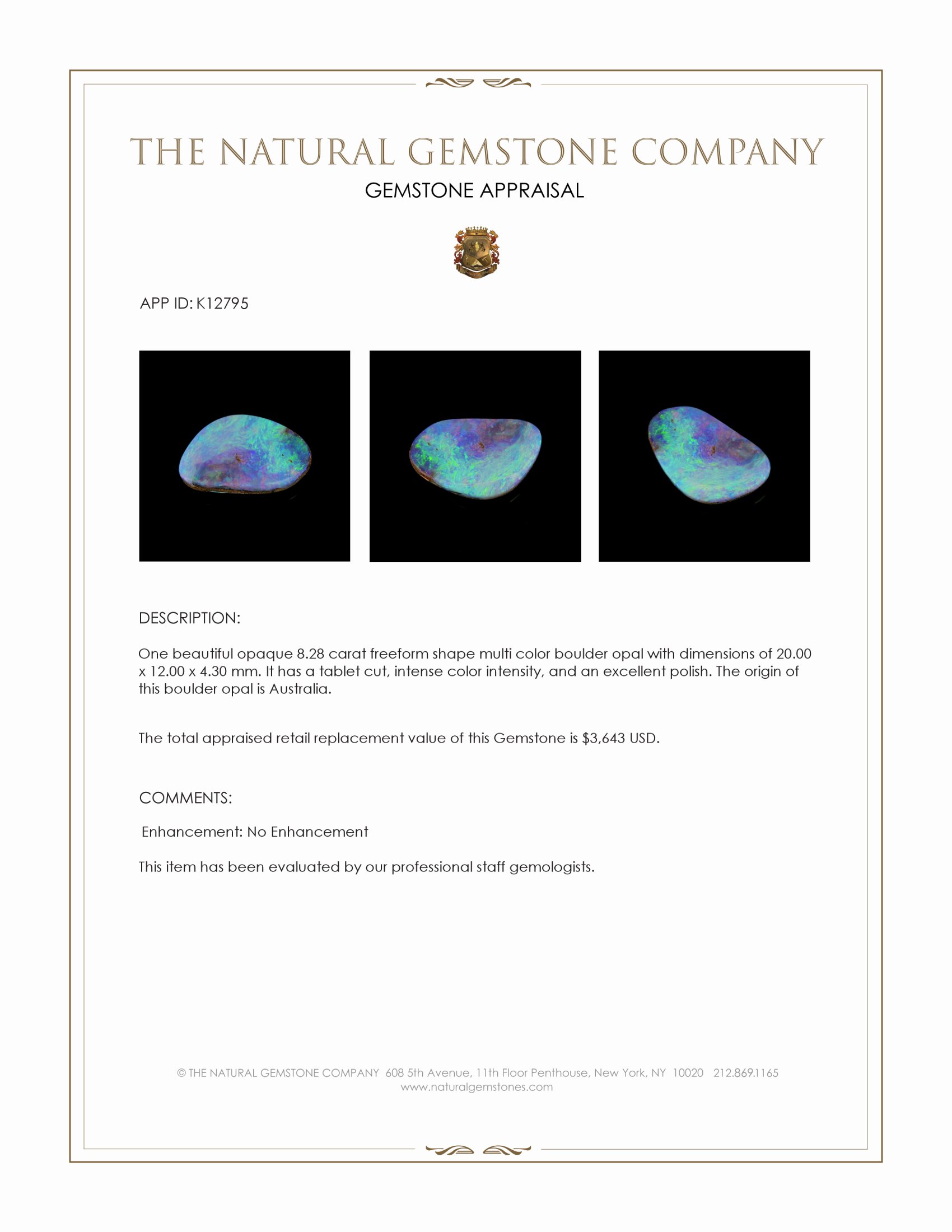 8.28 Ct. Multi Color Boulder Opal from Australia