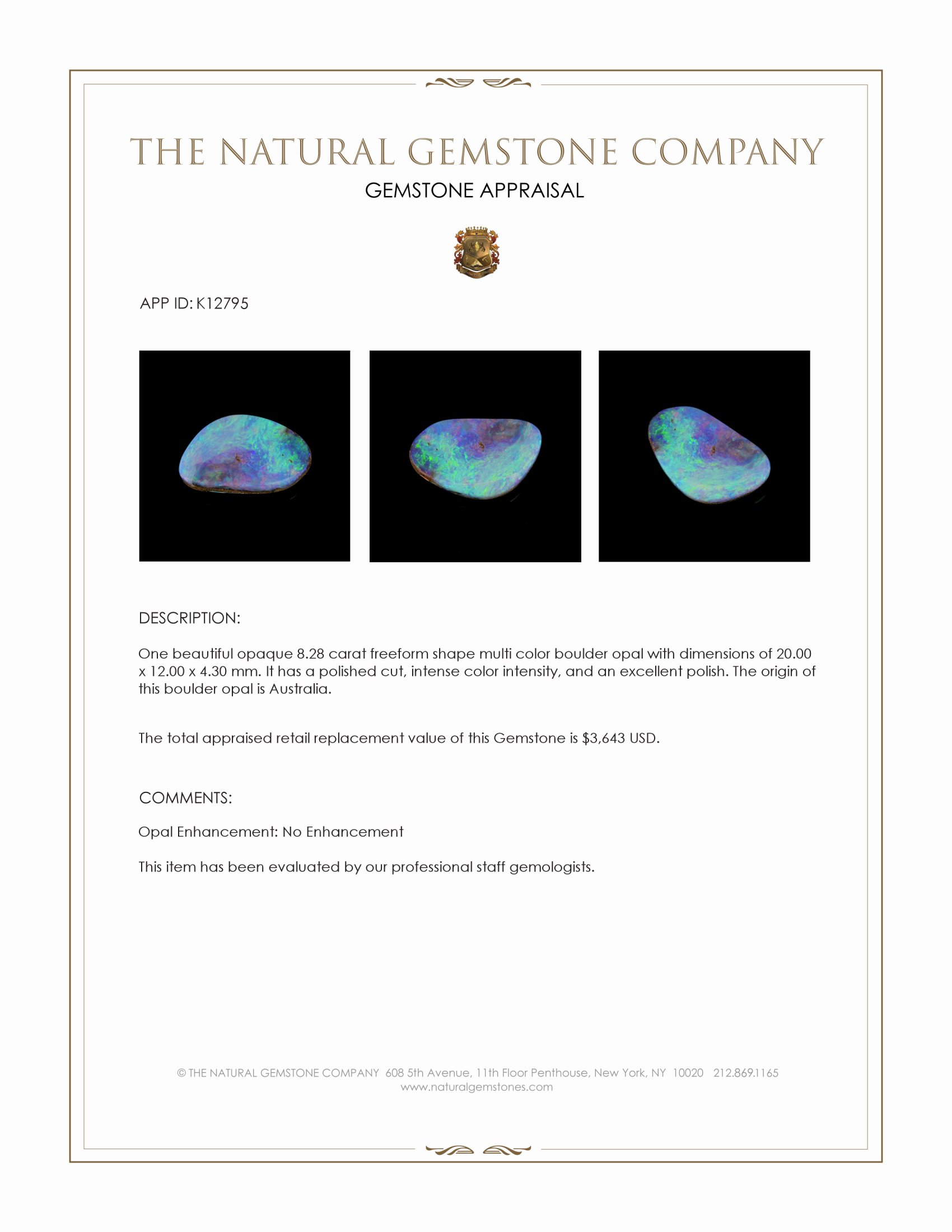8.28 Ct. Multi Color Boulder Opal from Australia