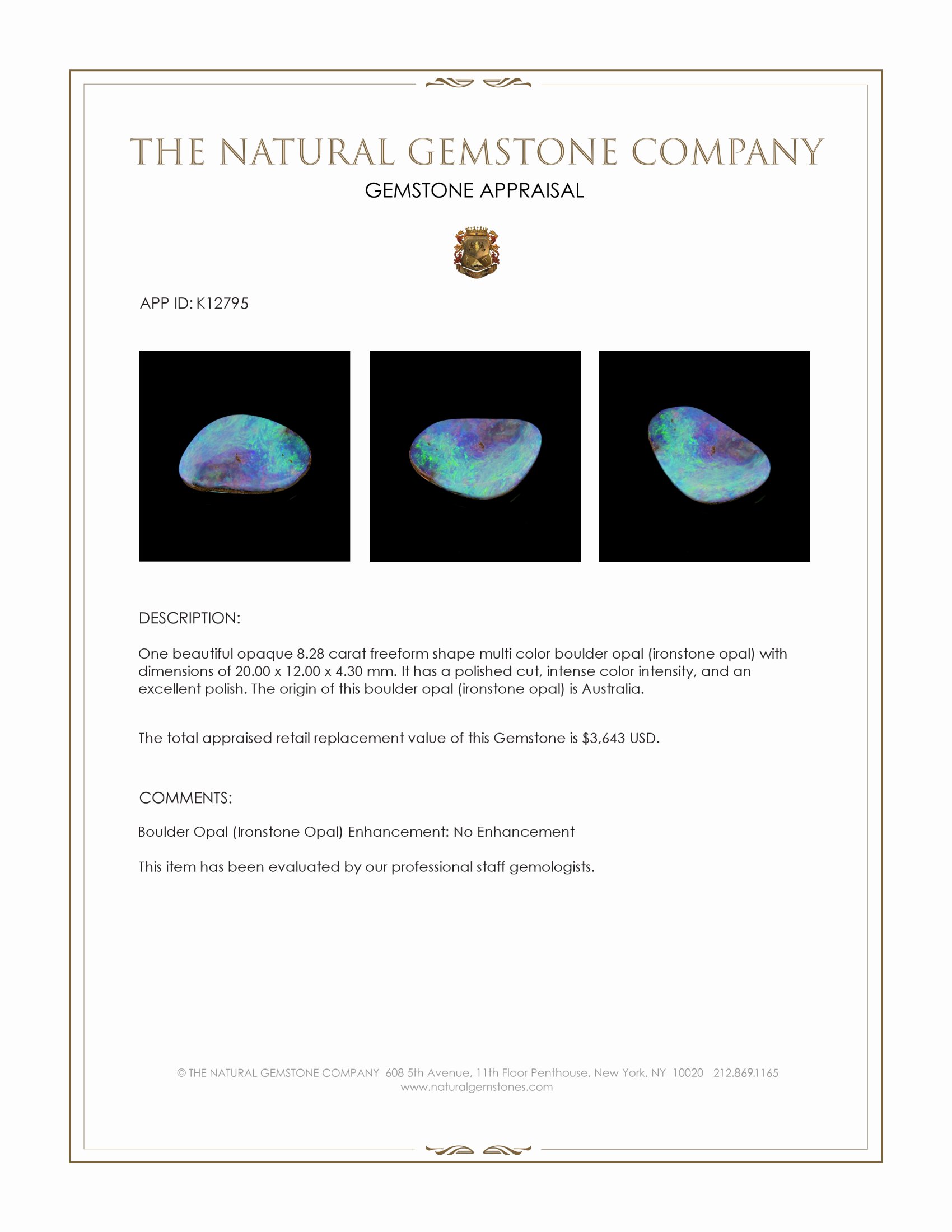 8.28 Ct. Multi Color Boulder Opal (Ironstone Opal) from Australia