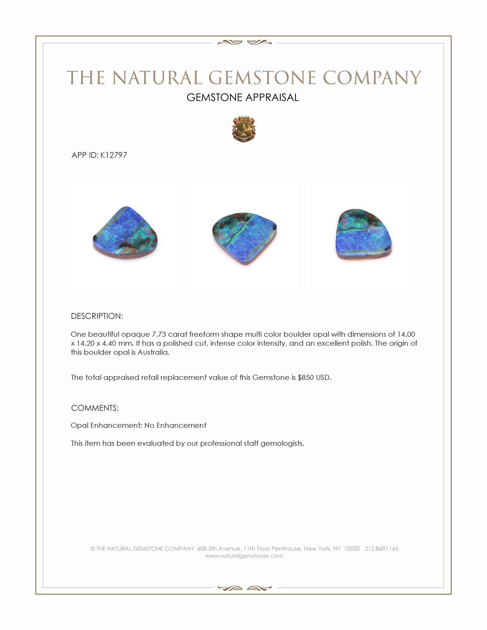 7.73 Ct. Multi Color Boulder Opal from Australia
