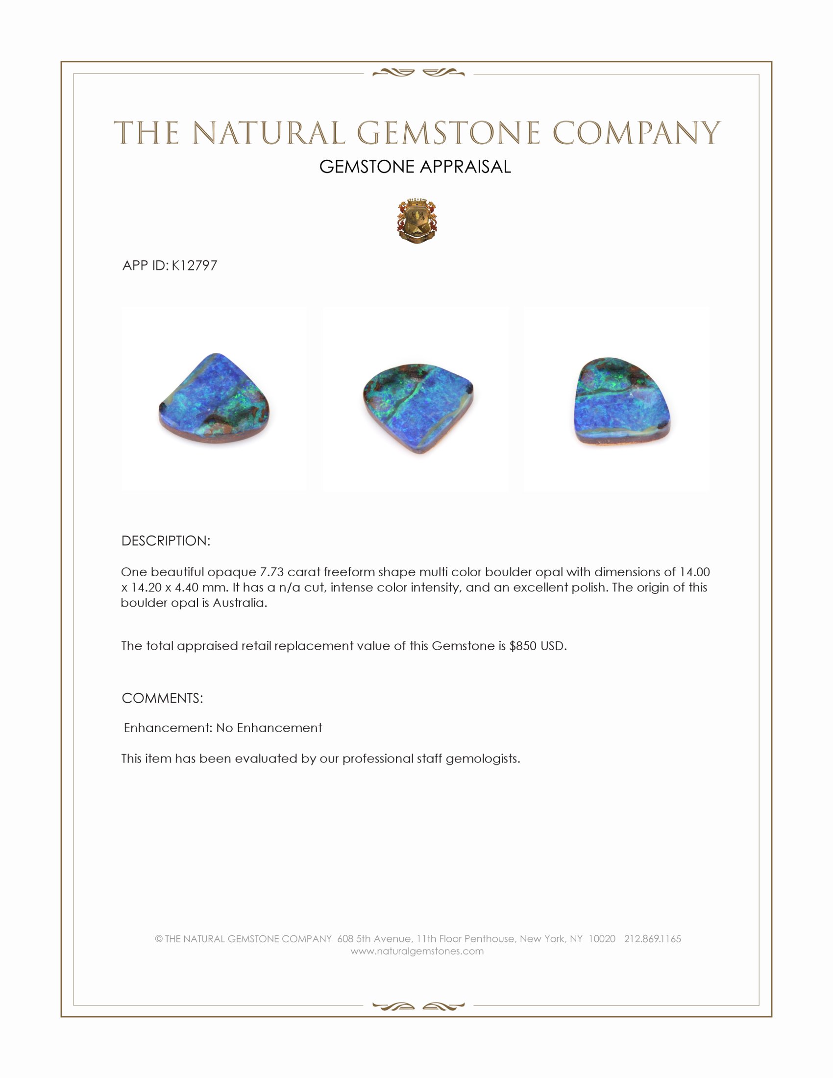 7.73 Ct. Multi Color Boulder Opal from Australia