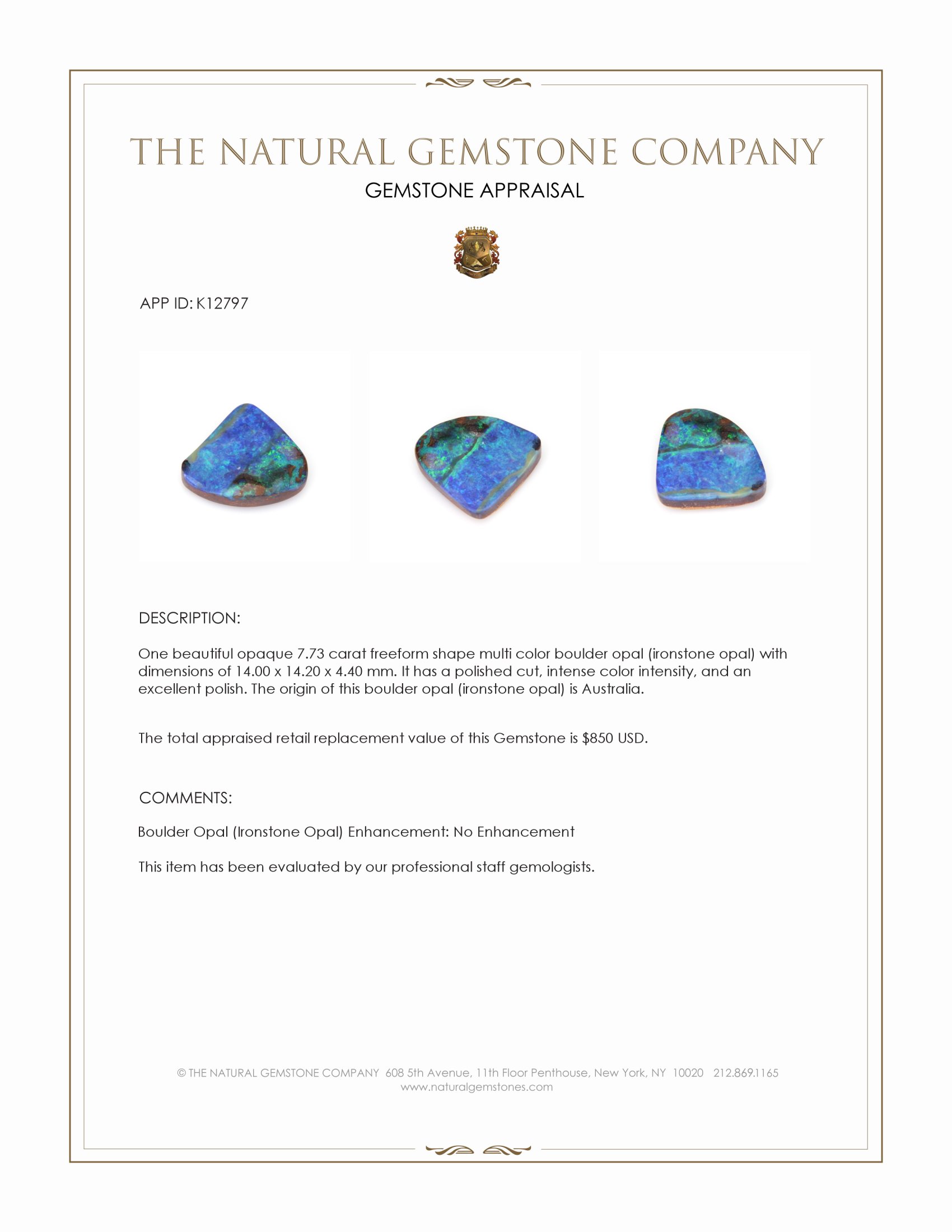 7.73 Ct. Multi Color Boulder Opal (Ironstone Opal) from Australia