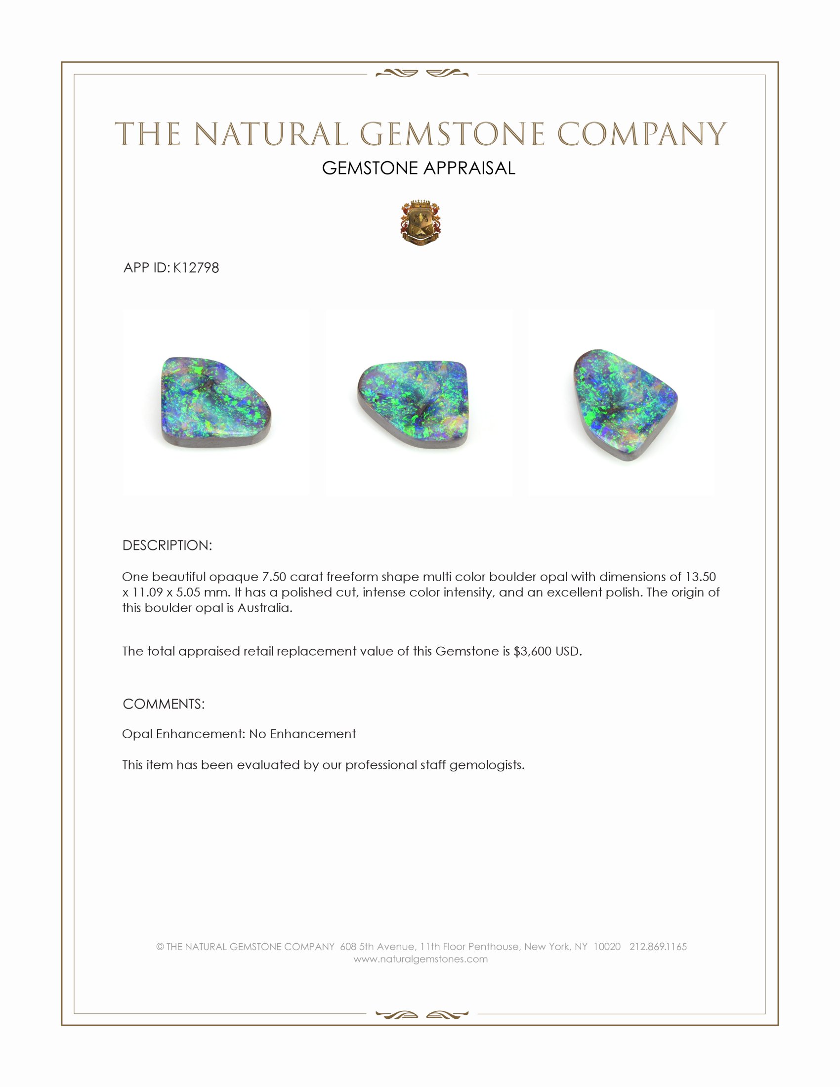 7.50 Ct. Multi Color Boulder Opal from Australia