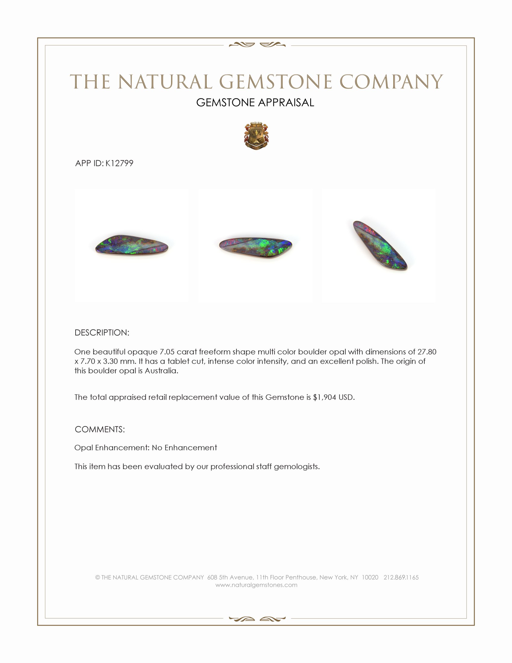 7.05 Ct. Multi Color Boulder Opal from Australia