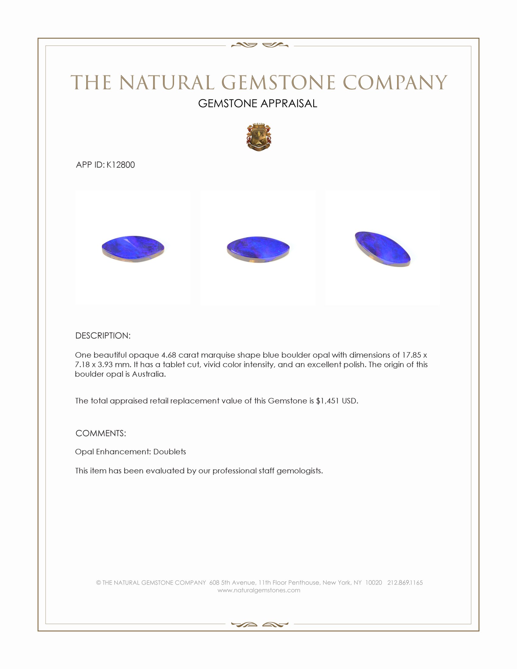 4.68 Ct. Blue Boulder Opal from Australia