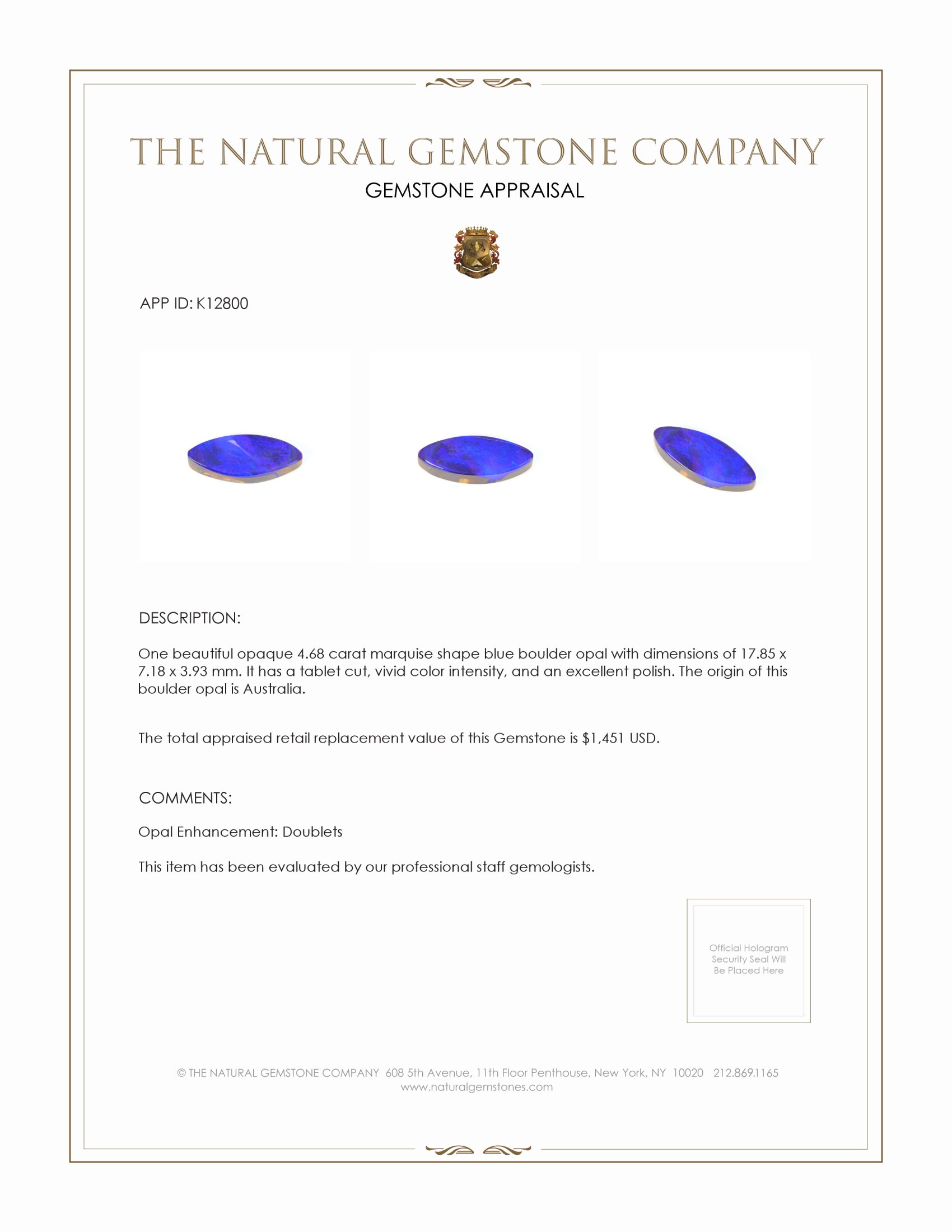 4.68 Ct. Boulder Opal from Australia