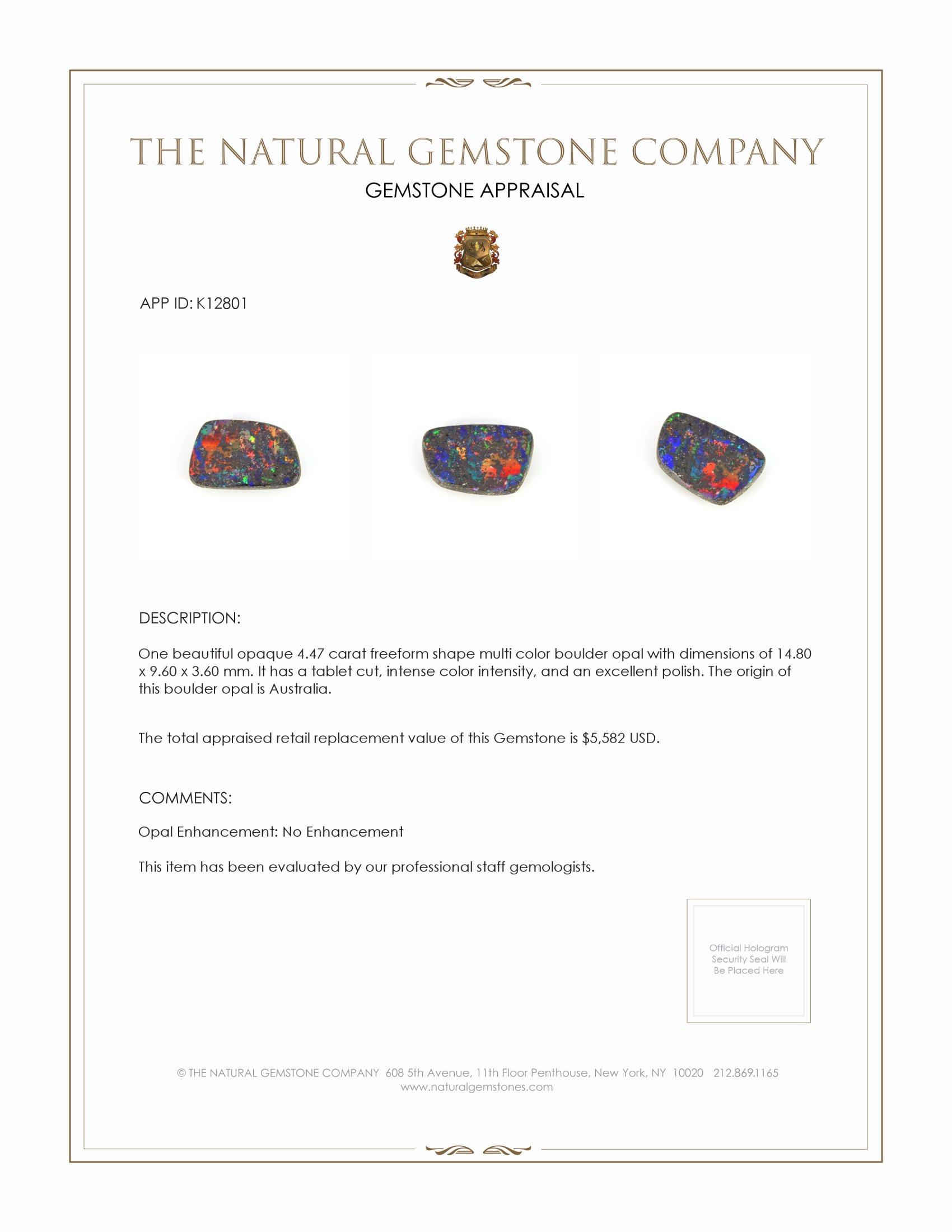 4.47 Ct. Multi Color Boulder Opal from Australia