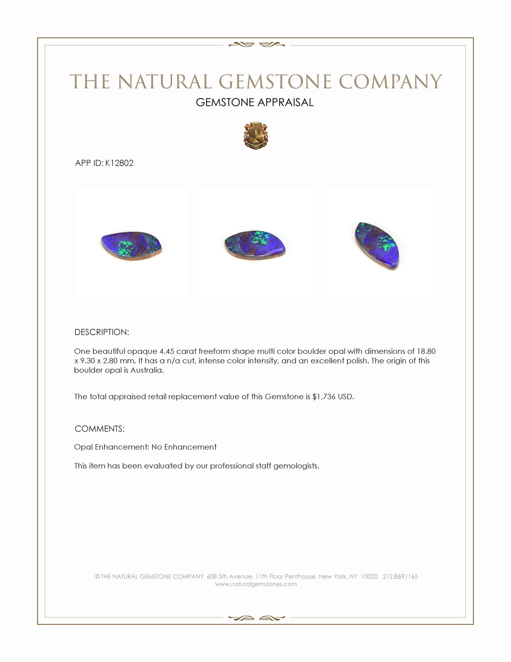 4.45 Ct. Multi Color Boulder Opal from Australia