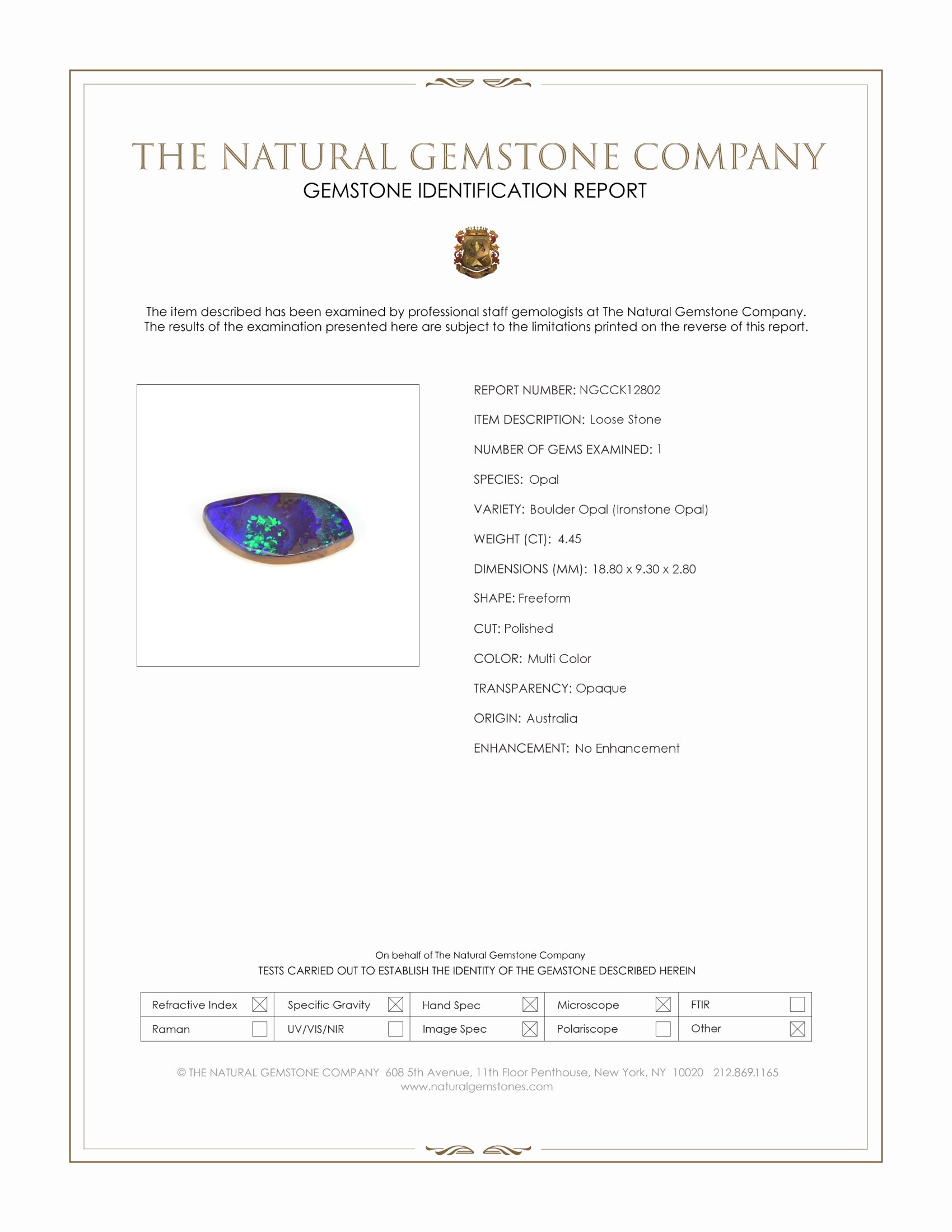 4.45 Ct. Multi Color Boulder Opal (Ironstone Opal) from Australia