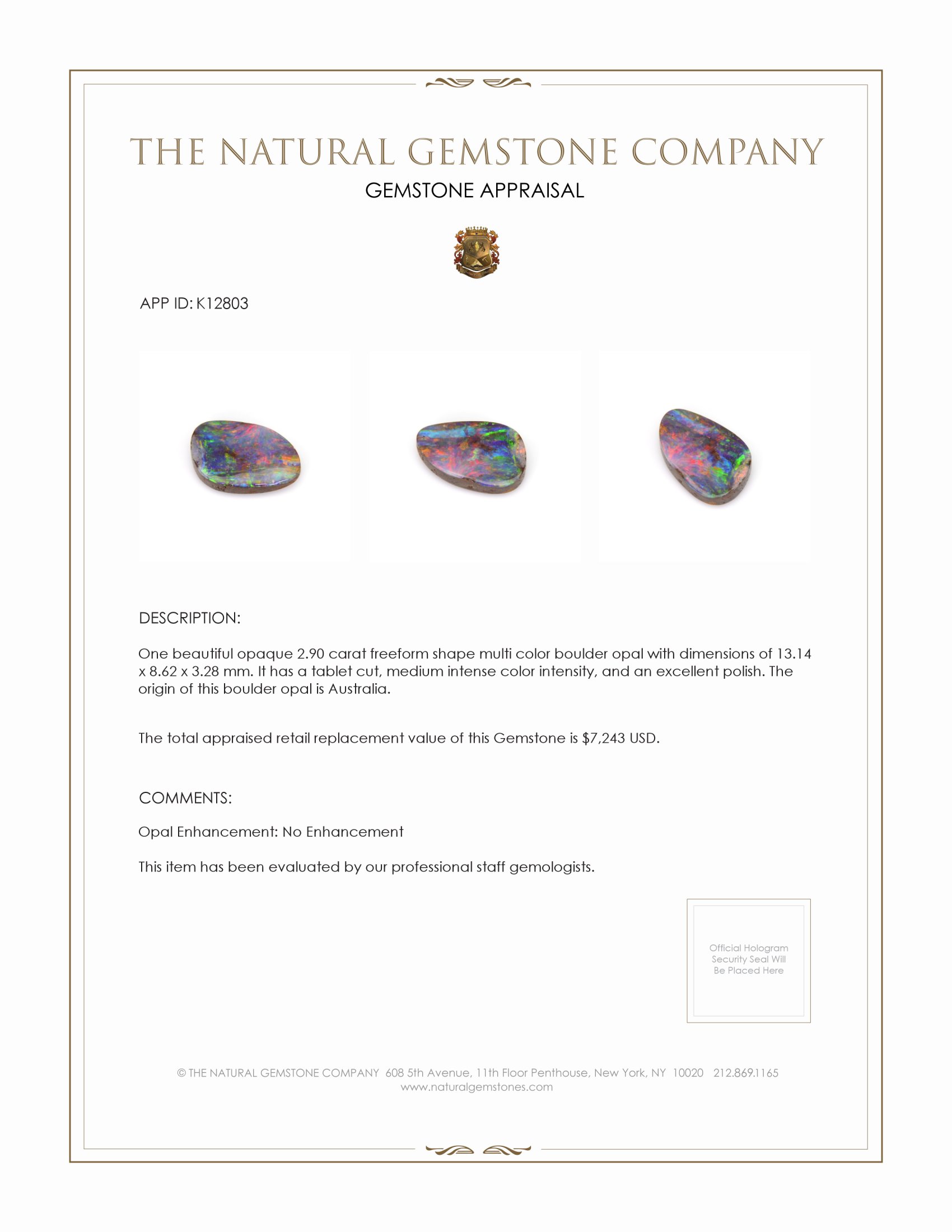 2.90 Ct. Boulder Opal from Australia