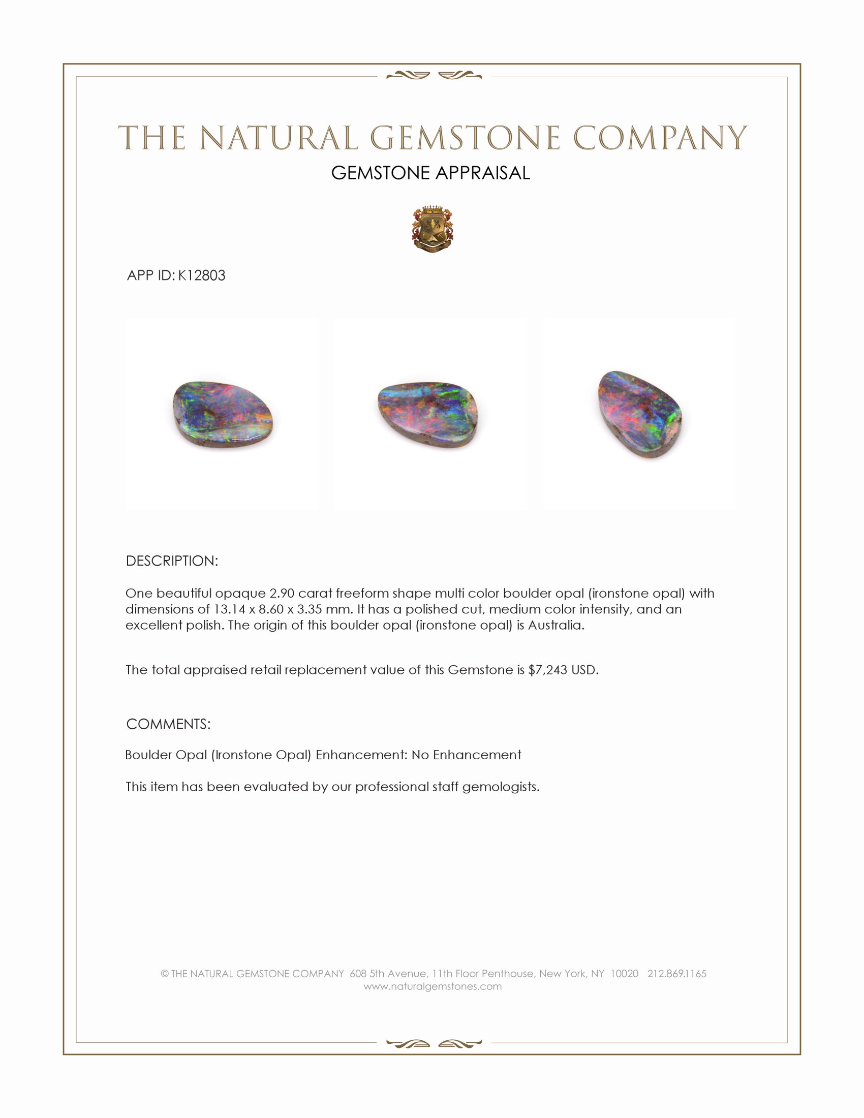 2.90 Ct. Multi Color Boulder Opal (Ironstone Opal) from Australia