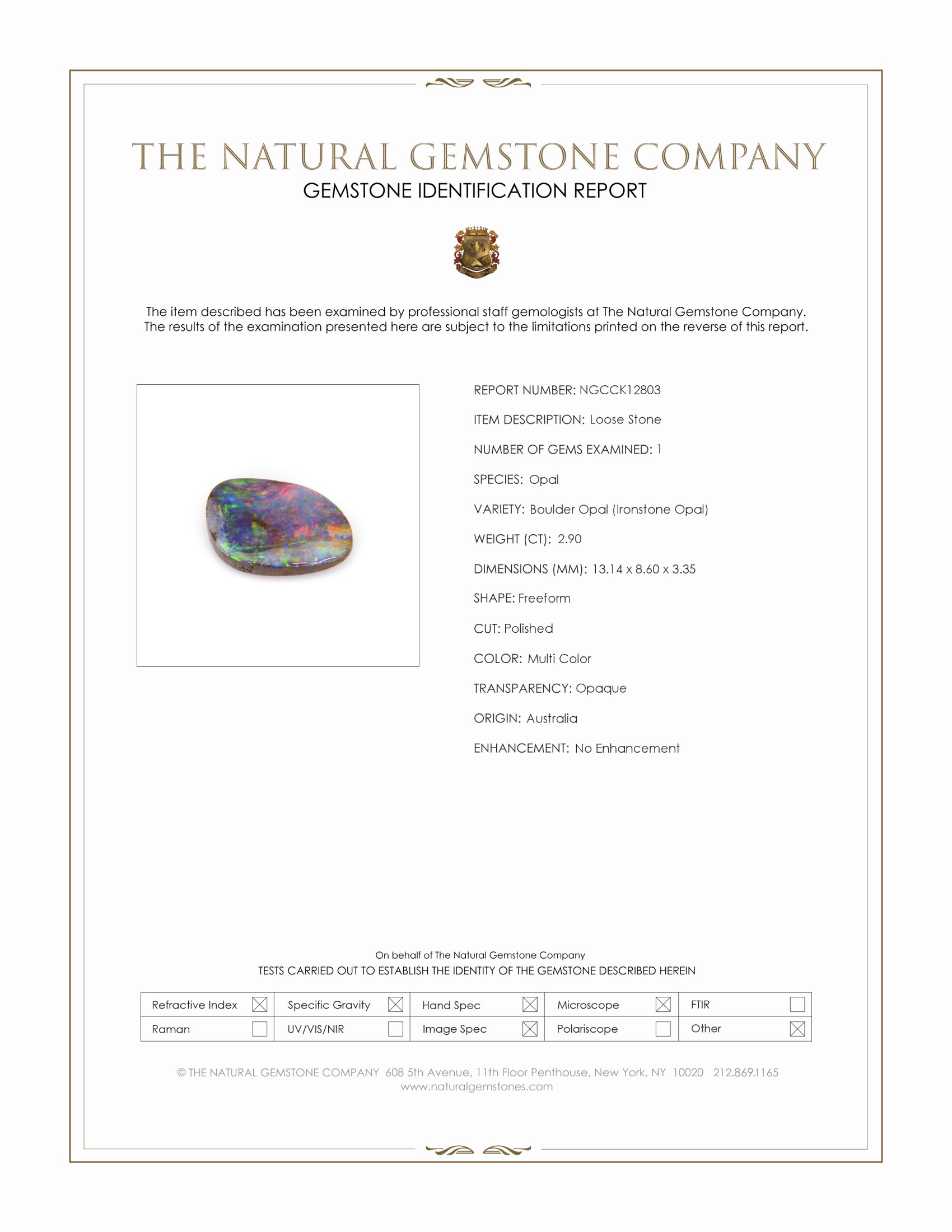 2.90 Ct. Multi Color Boulder Opal (Ironstone Opal) from Australia