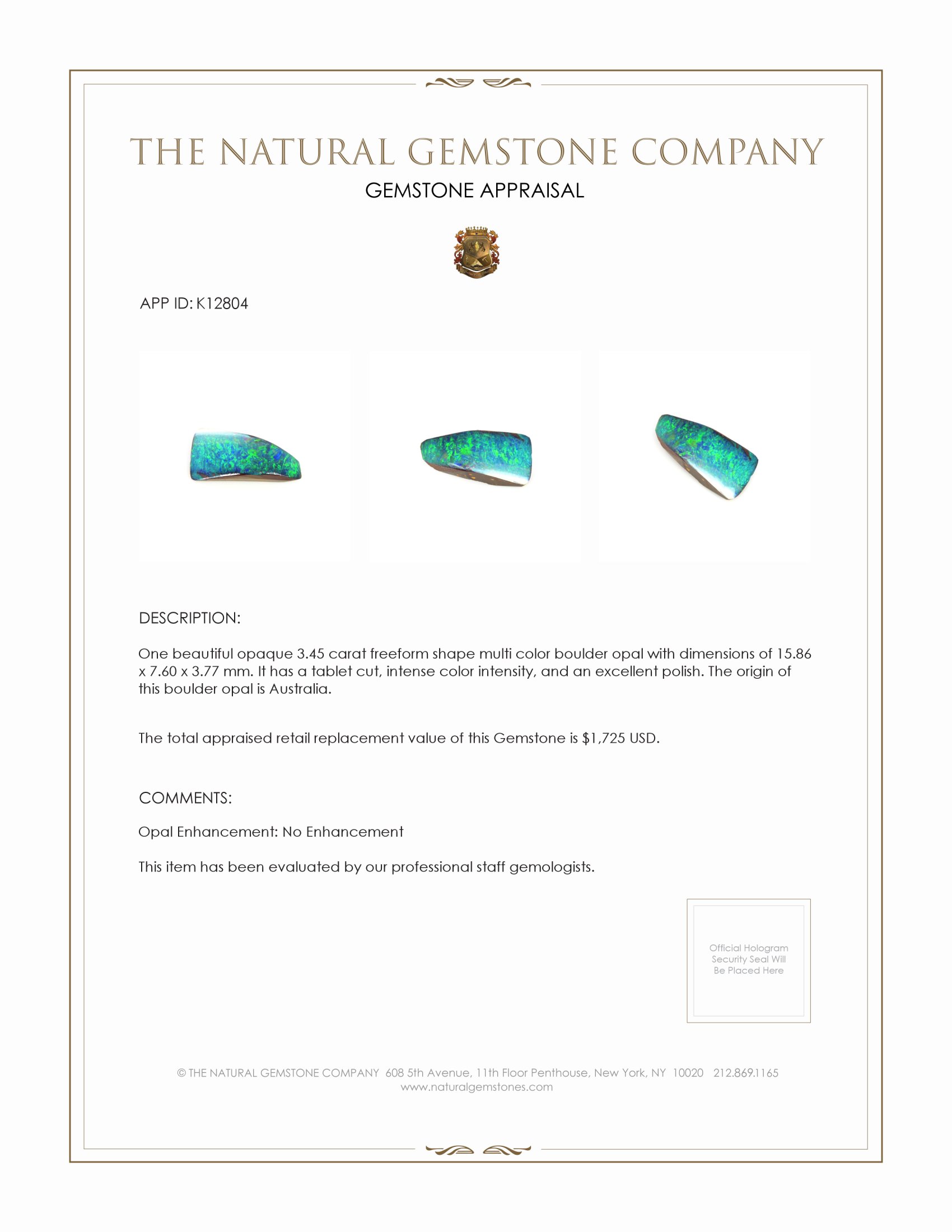 3.45 Ct. Boulder Opal from Australia