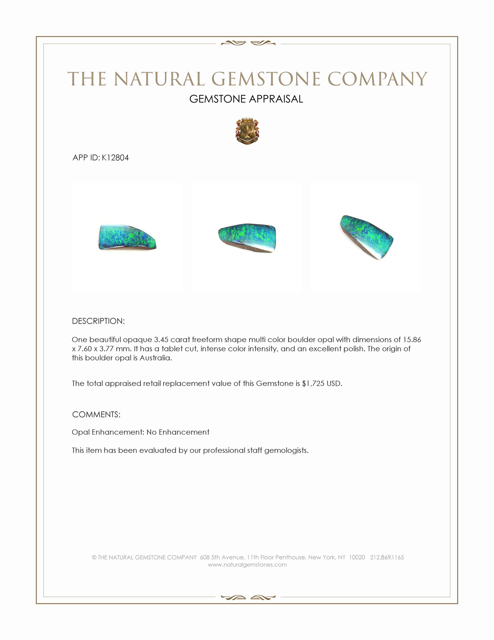 3.45 Ct. Multi Color Boulder Opal from Australia